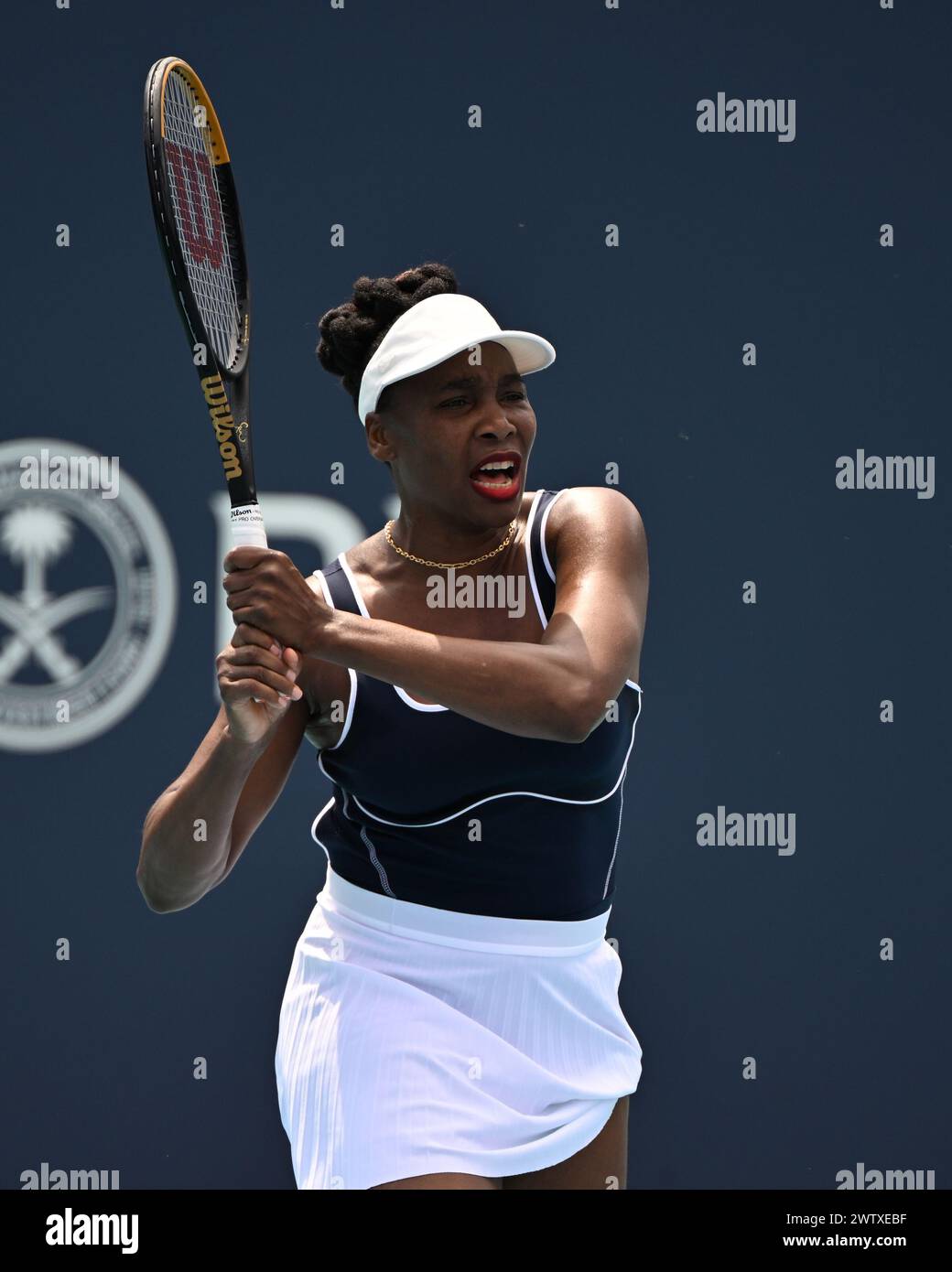 Miami Gardens, FL, USA. 19th Mar, 2024. Venus Williams Vs Diana Shnaider during the 2024 Miami Open at Hard Rock Stadium on March 19, 2024 in Miami Gardens, Florida. Credit: Mpi04/Media Punch/Alamy Live News Stock Photo