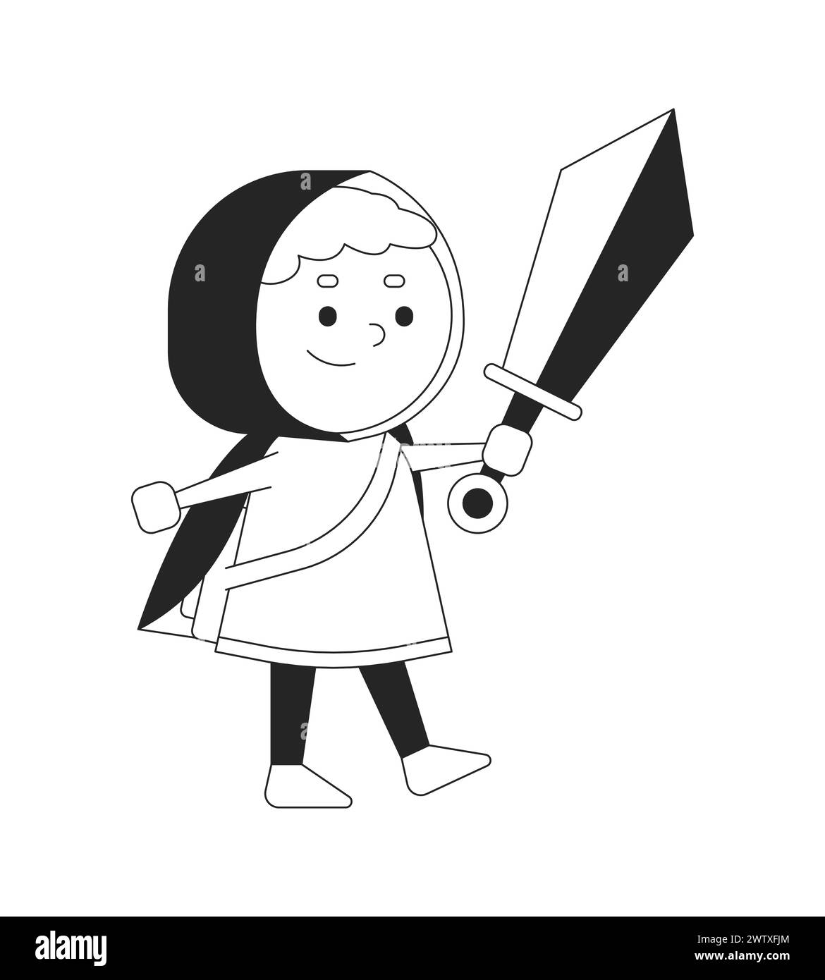 Smiling boy with sword black and white 2D line cartoon character Stock ...