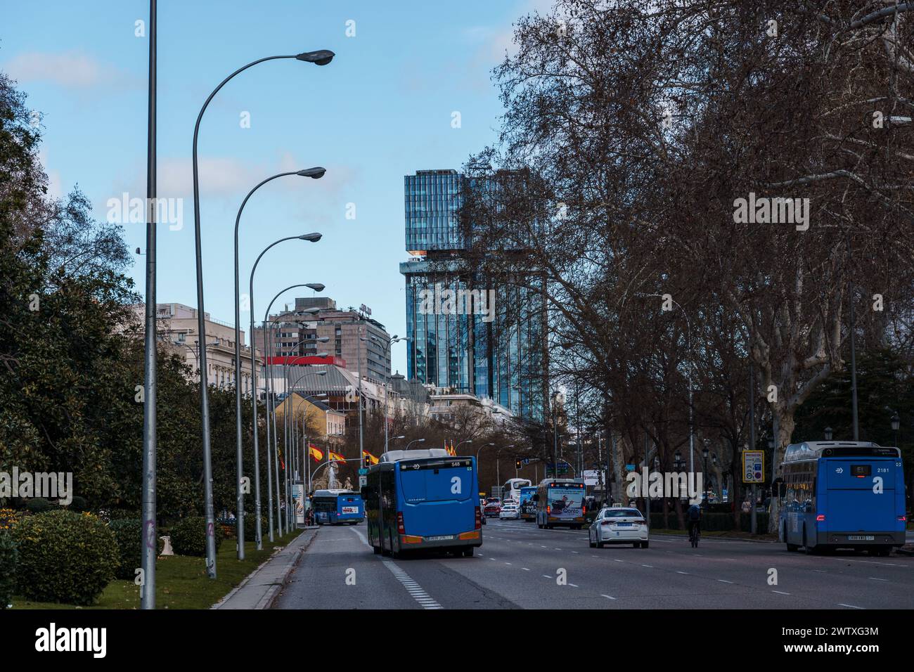 Madrid, Spain - February 24, 2024: Paseo of The Prado and Colon Towers in Madrid Stock Photo