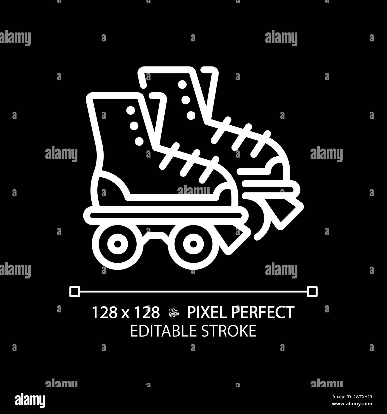 Disco roller skates pixel perfect white linear icon for dark theme Stock Vector