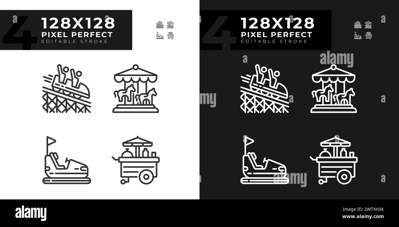 Riding amusement pixel perfect linear icons set for dark, light mode Stock Vector