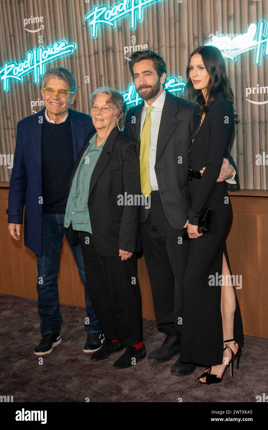 New York, United States. 19th Mar, 2024. (L-R) Stephen Gyllenhaal, Naomi Foner Gyllenhaal, Jake Gyllenhaal and Jeanne Cadieu attend the 'Road House' New York Premiere at Jazz at Lincoln Center in New York City. Credit: SOPA Images Limited/Alamy Live News Stock Photo