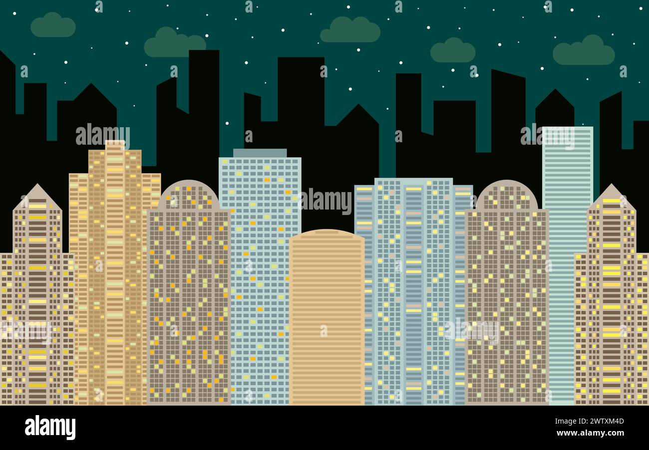 Night urban landscape. Street view with cityscape, skyscrapers and modern buildings at sunny day. City space in flat style background concept. Stock Vector