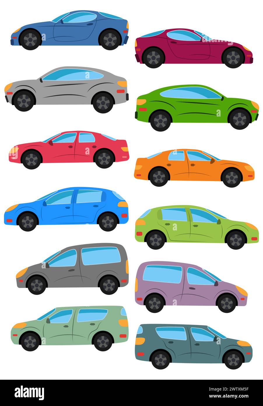 Set of different car types. Multicolored Cars Collection. Isolated vector illustration. Stock Vector