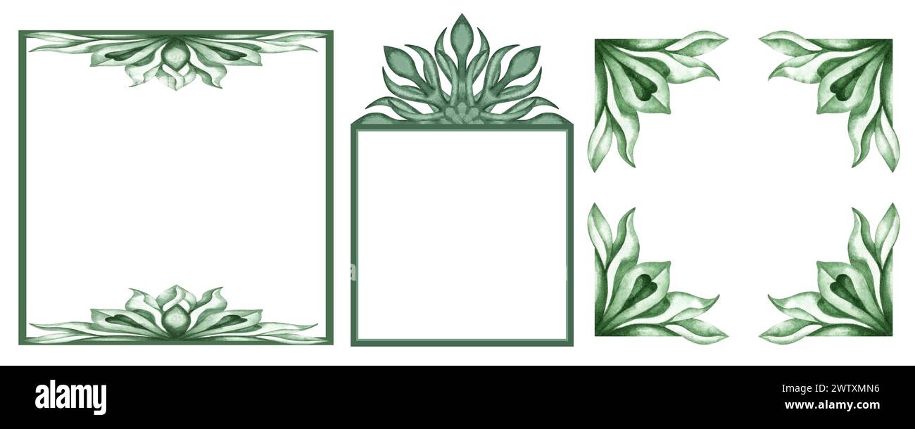 Pattern Green Frame Watercolor monochrome green frame of abstract plant patterns and ...