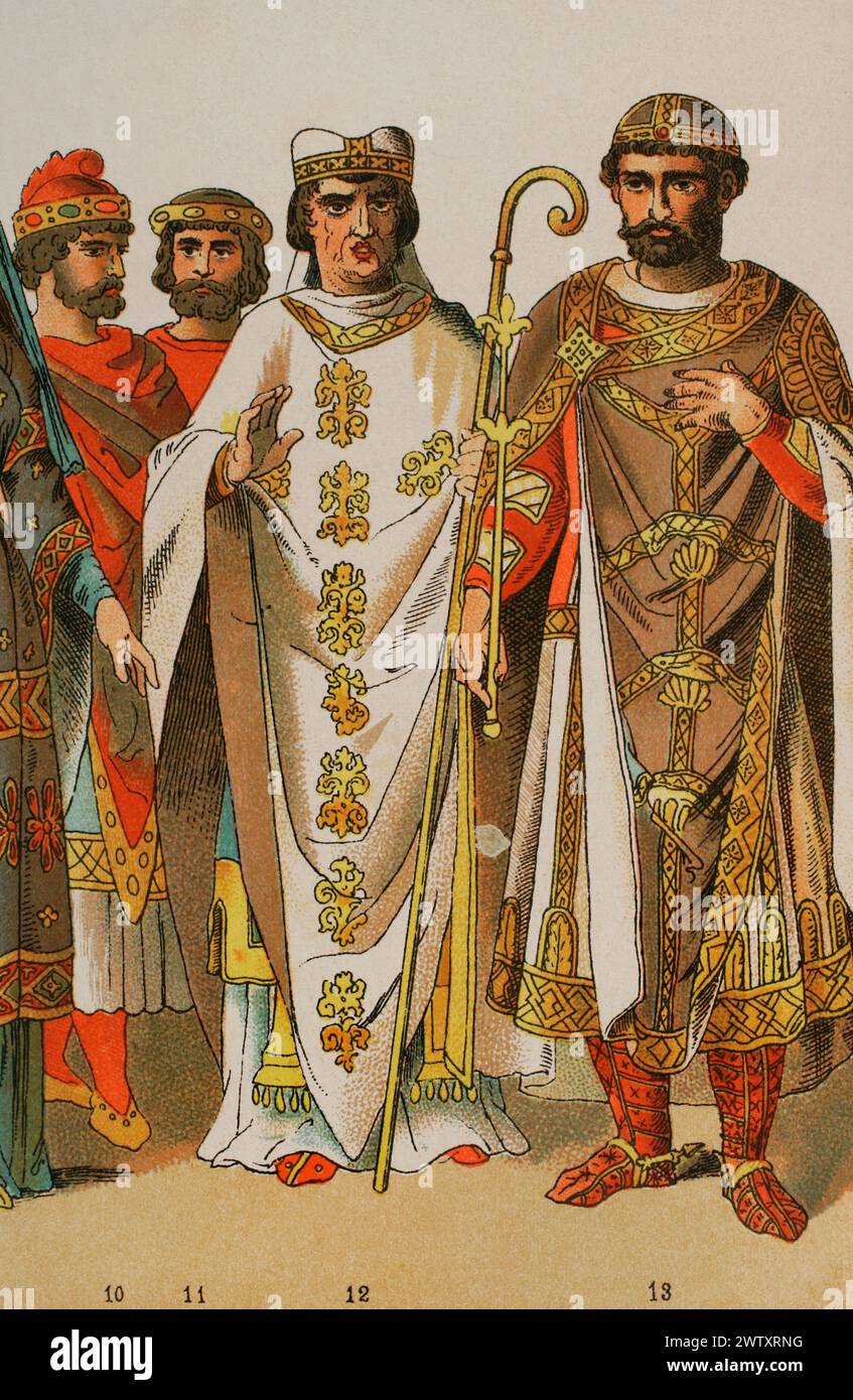 Holy Roman Empire, 1000-1100. From left to right, 10-11: princes, 12: bishop of the 12th century, 13: Rudolph (102-1080), antiking of Germany. Chromolithography. 'Historia Universal', by César Cantú. Volume V, 1884. Stock Photo