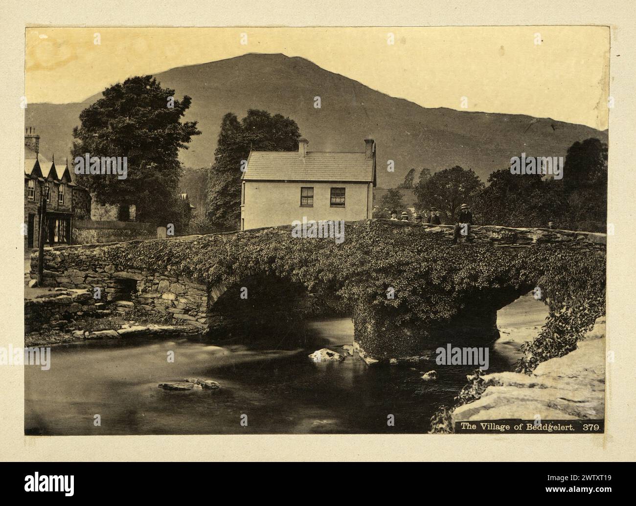 Vintage photograph of Old Bridge, Village of Beddgelert, Gwynedd, Wales, 1880s, Victorian 19th Century Stock Photo