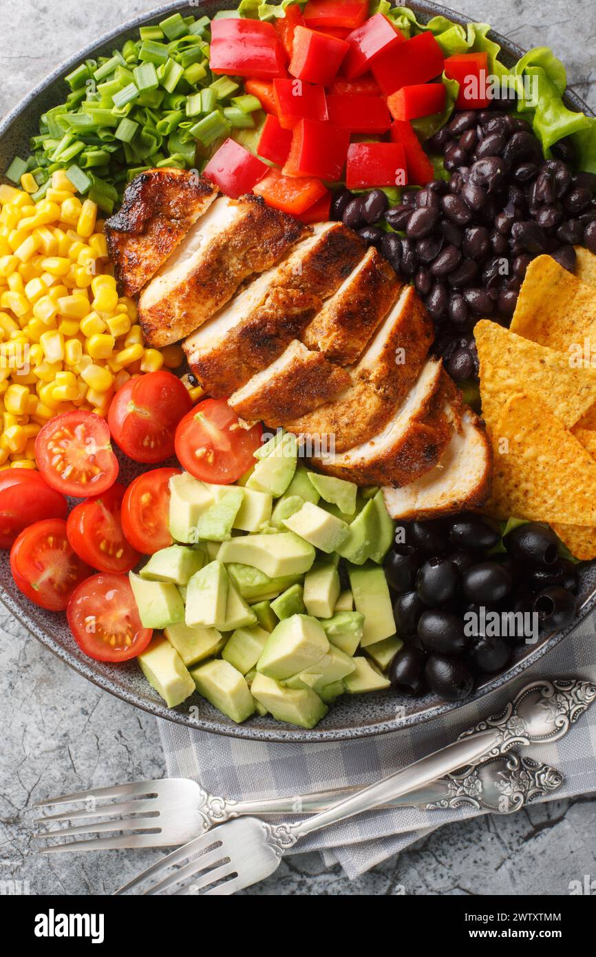 American Mexican salad of chicken, corn, peppers, olives, avocado, tomatoes and onions with tortilla chips close-up on a board on the table. Vertical Stock Photo