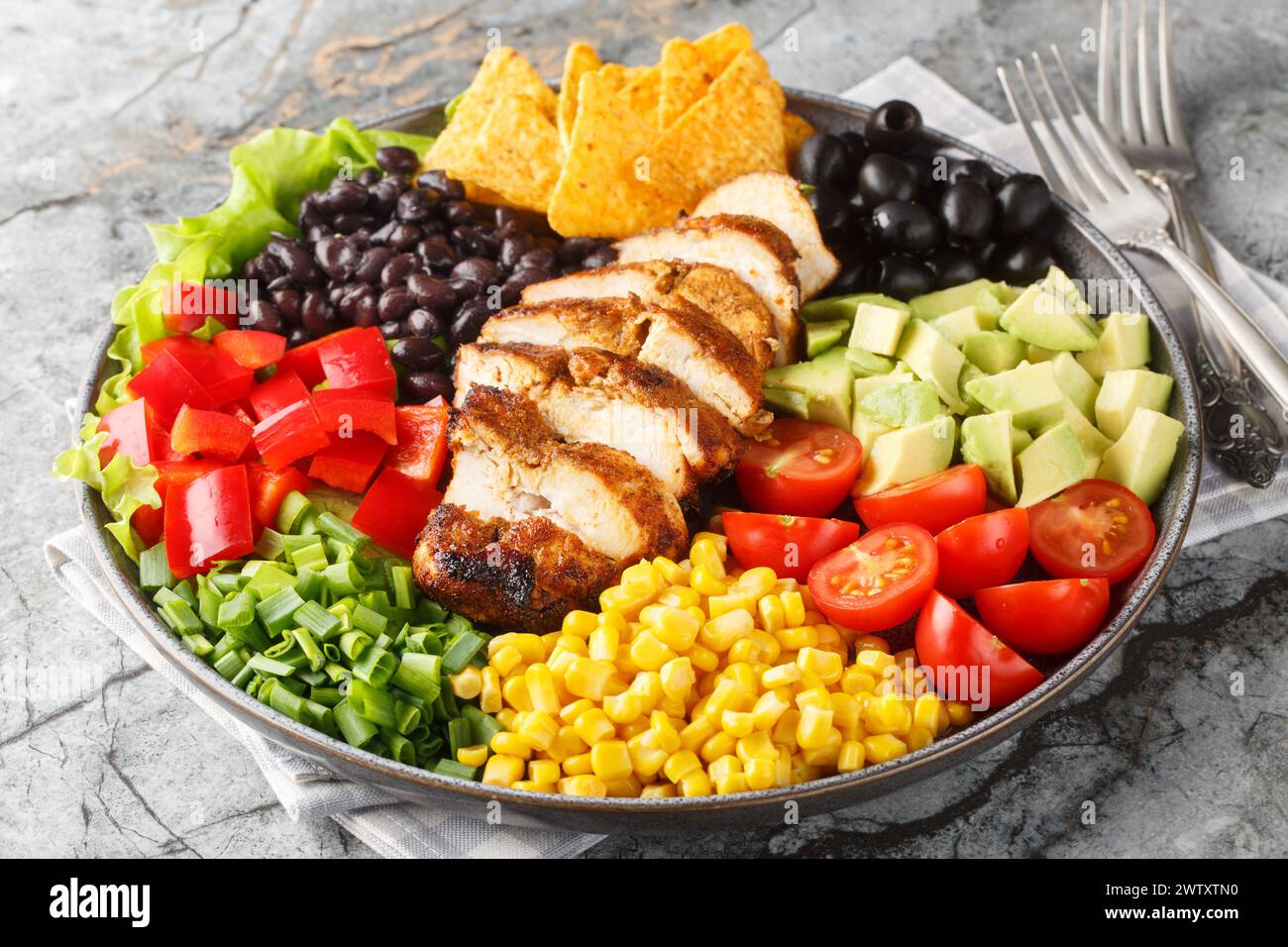 Tex-Mex Santa Fe chicken salad with lettuce, tomatoes, corn, black beans, pepper, avocado, olive closeup on the plate on the table. Horizontal Stock Photo