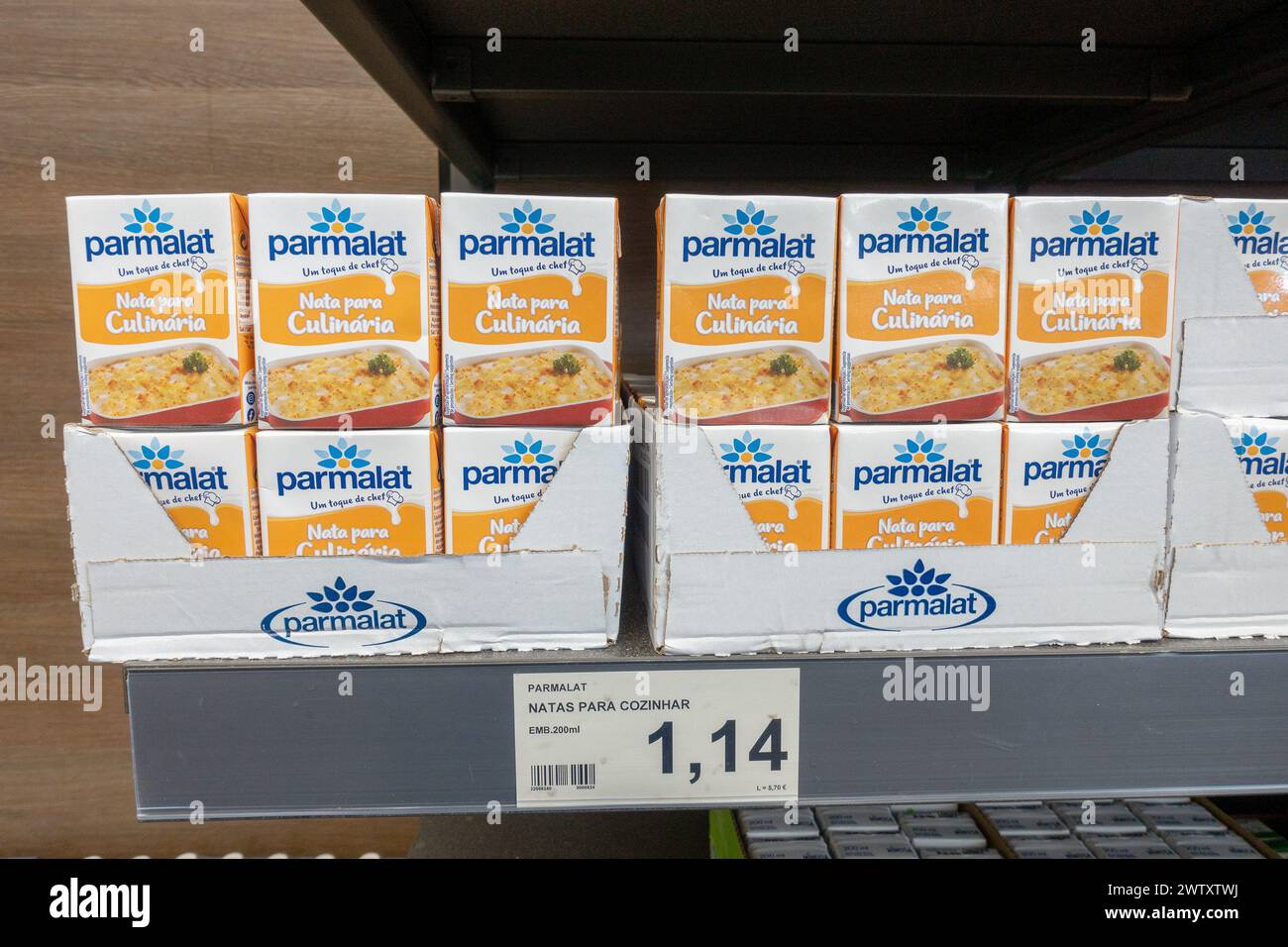 Ready made sauces in boxes on a supermarket shelf in Portugal made by Parmalat cooking sauces in different savoury sauces Stock Photo