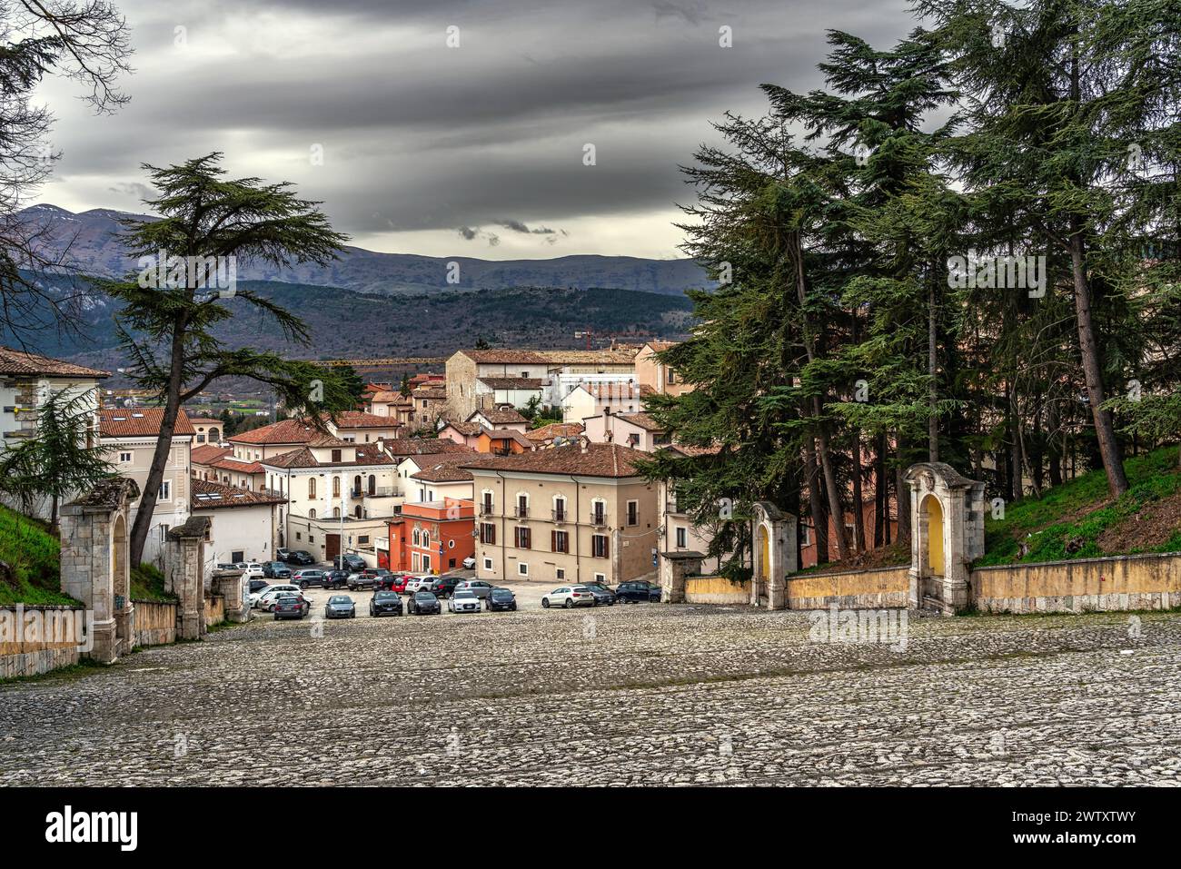 The monumental staircase of the Basilica of San Bernardino in L'Aquila. L'Aquila, Abruzzo, Italy, Europe Stock Photo