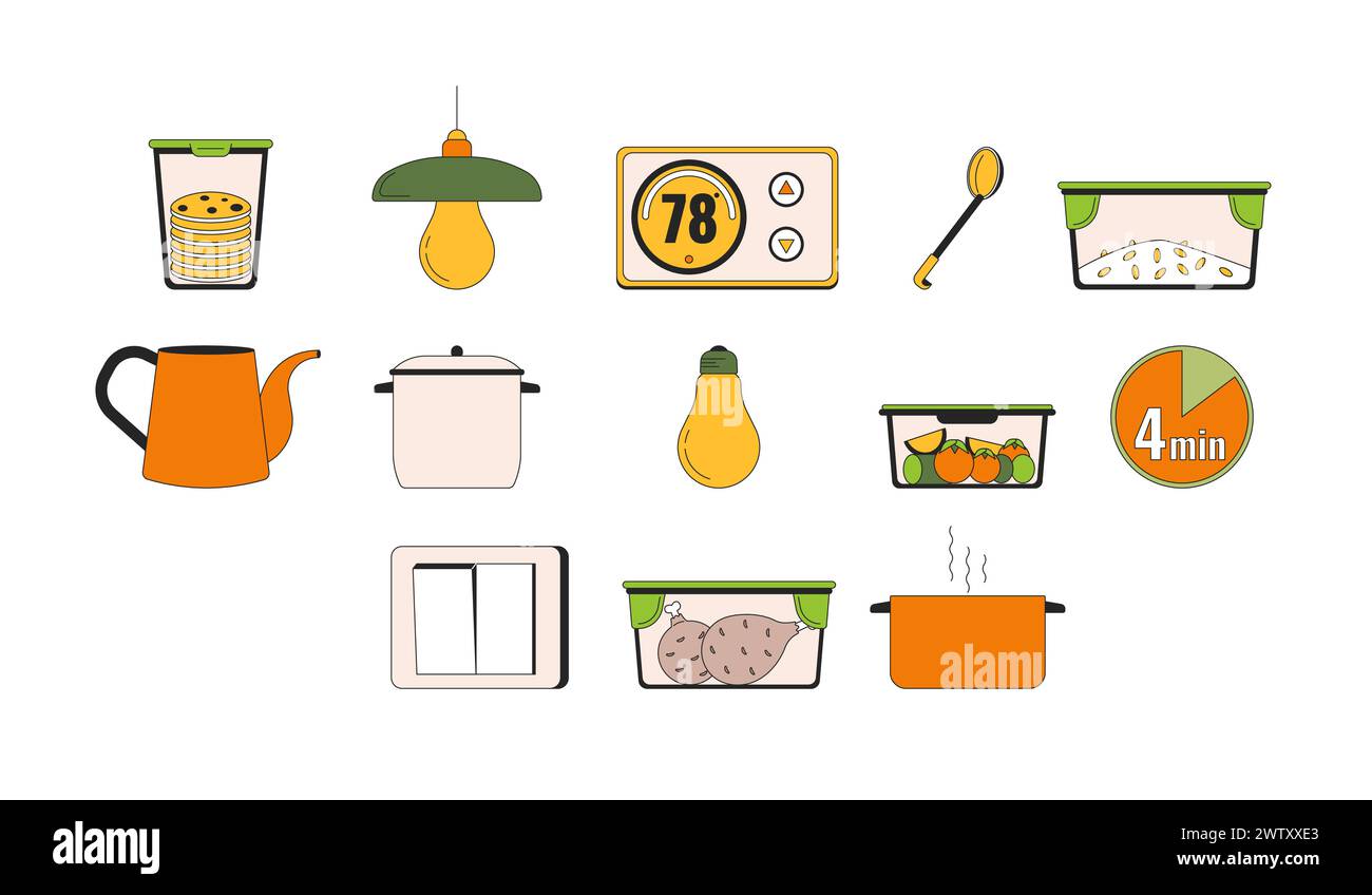 Conserving energy at household 2D linear cartoon objects set Stock ...