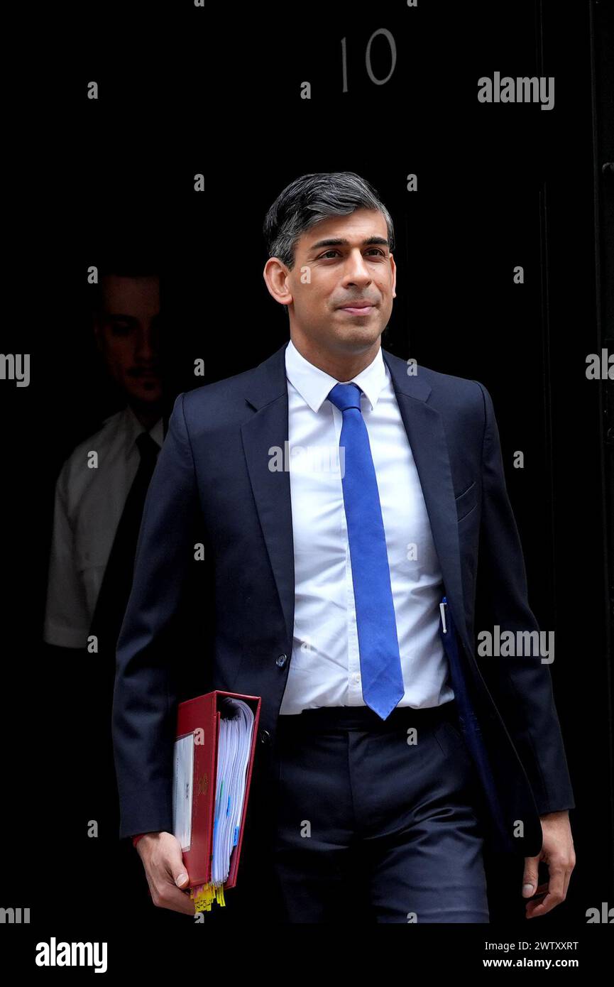 Prime Minister Rishi Sunak departs 10 Downing Street, London, to attend Prime Minister's Questions at the Houses of Parliament. Picture date: Wednesday March 20, 2024. Stock Photo