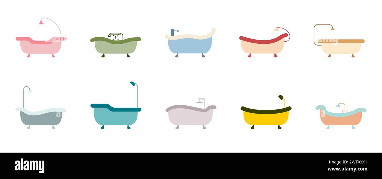 Bathroom color concept icon set. Simple shower vector. A bathtub in a ...