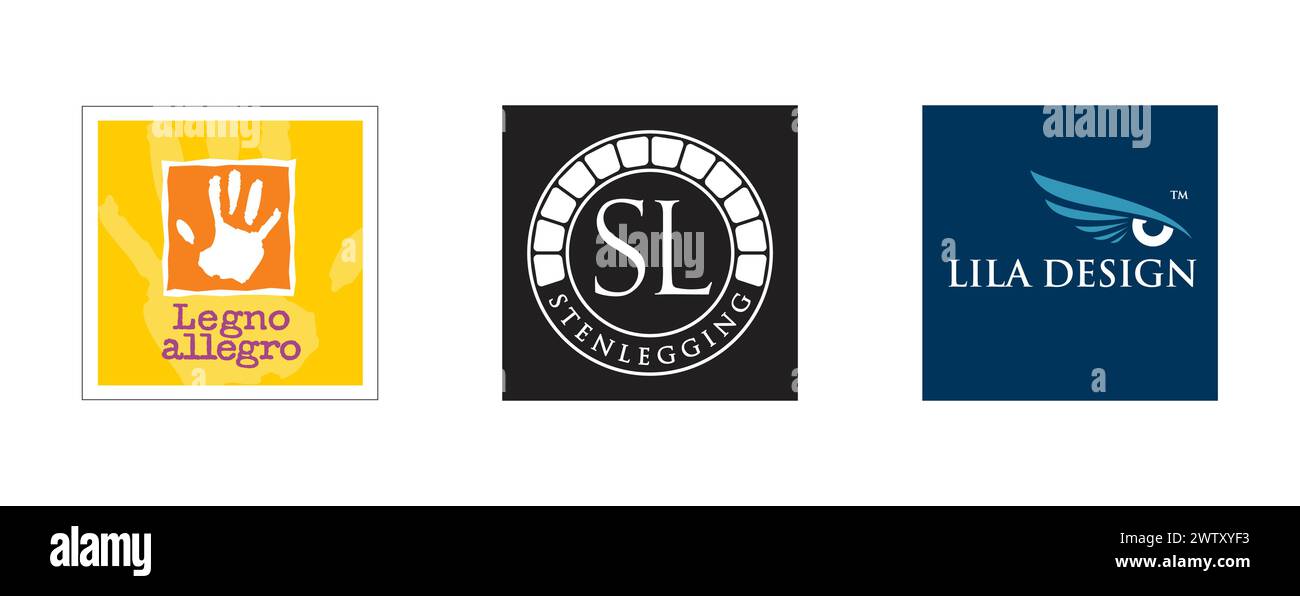 SL Stenlegging, Legno Allegro, Lila Design.Arts and design editorial logo collection. Stock Vector