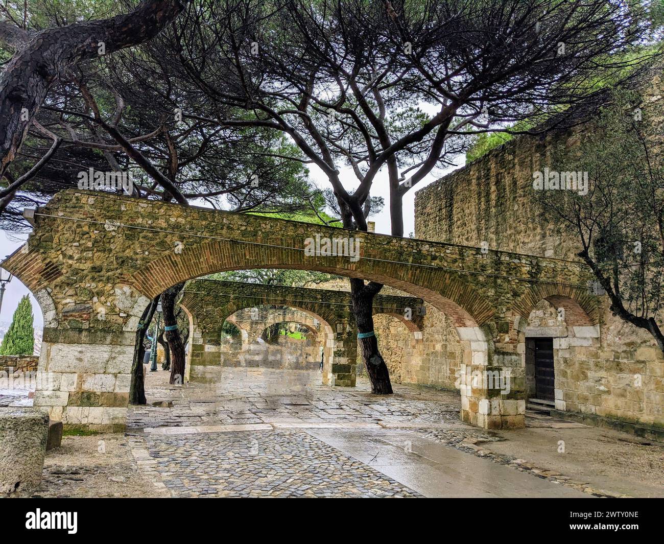 Stone buildings, trees, and a bridge over a cobblestone street in a ...