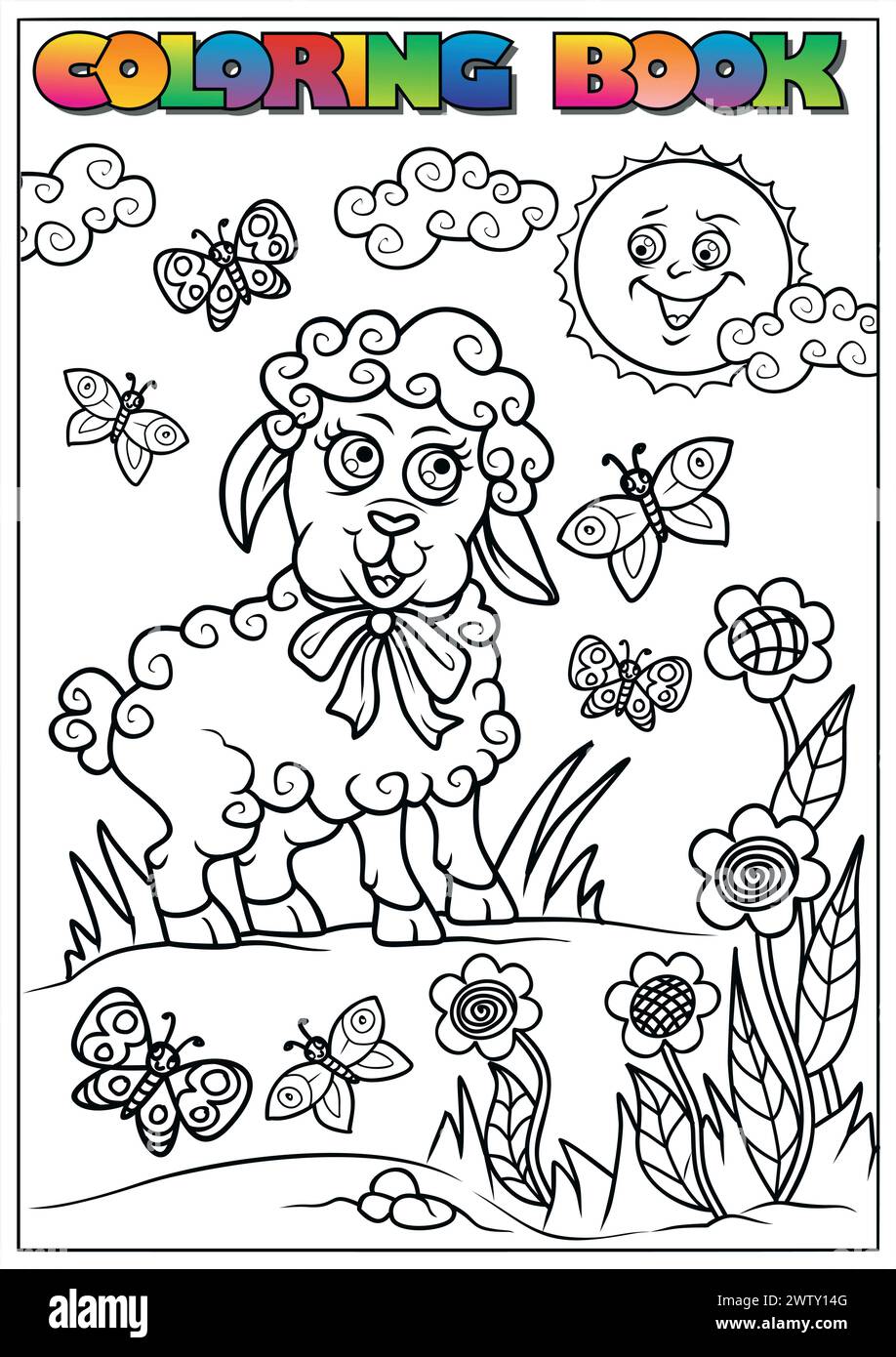 Easter coloring book for children - little lambs are grazing in the meadows Stock Vector