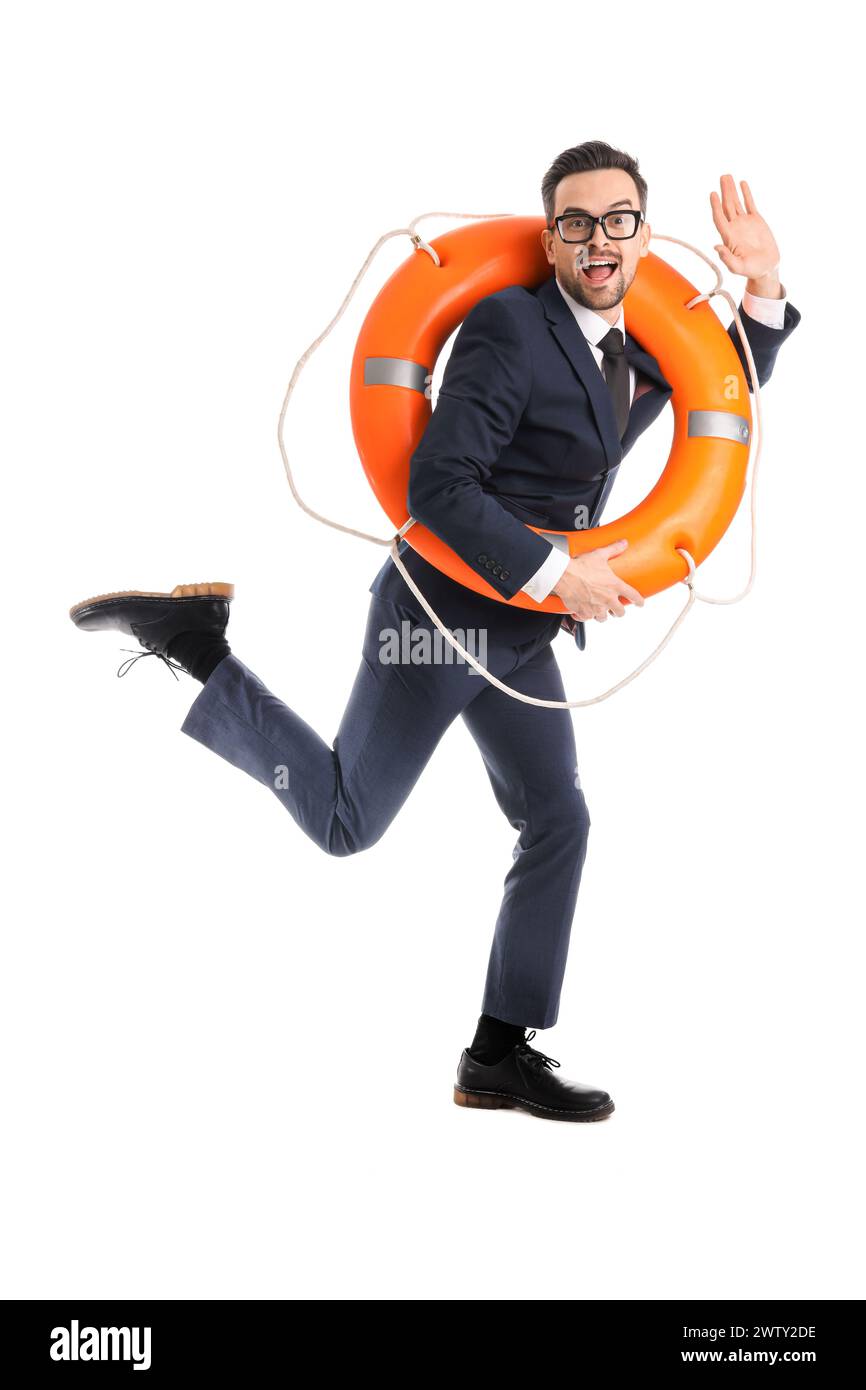 Funny businessman with ring buoy isolated on white background Stock Photo