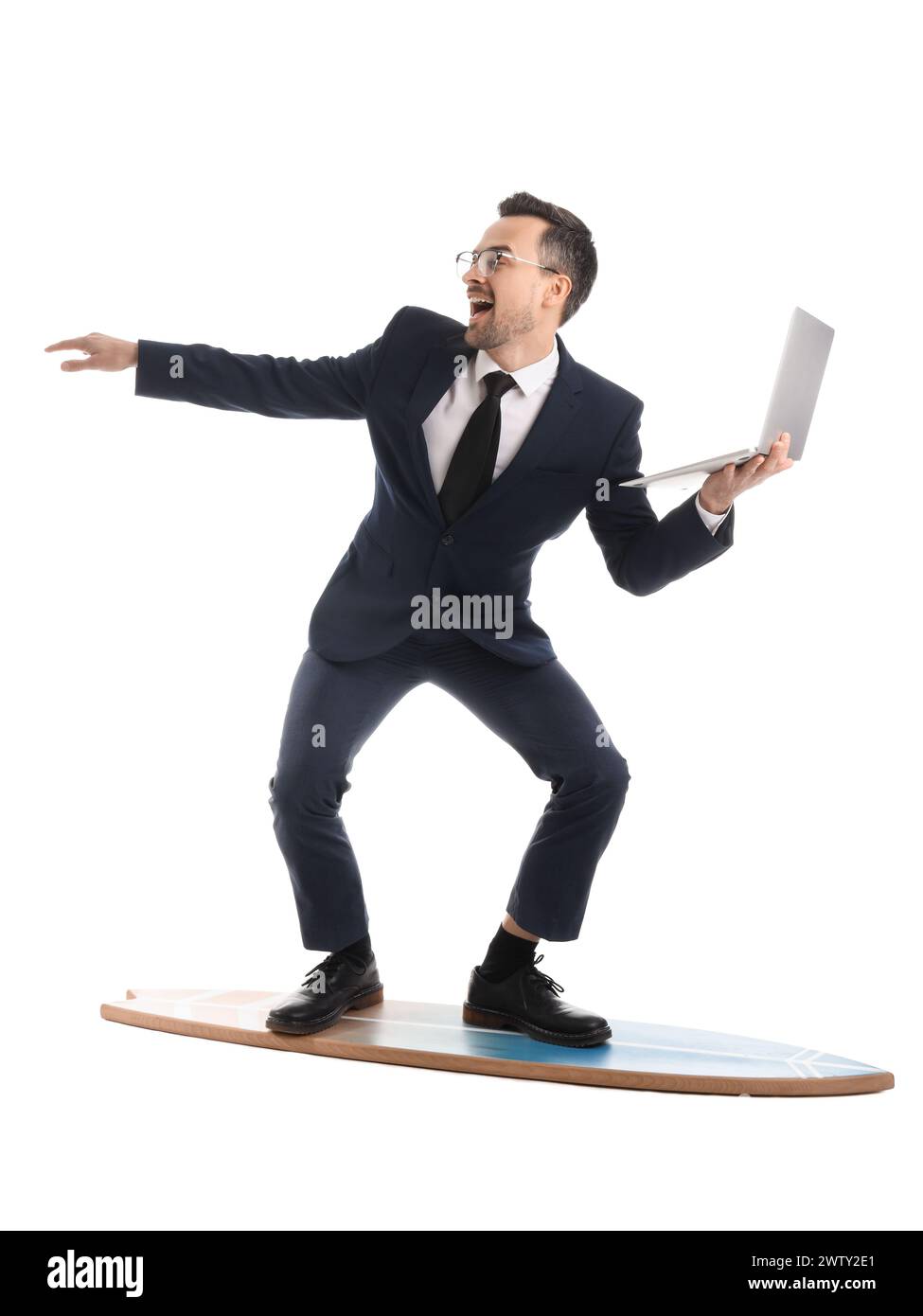 Funny businessman with laptop and surfboard isolated on white background Stock Photo