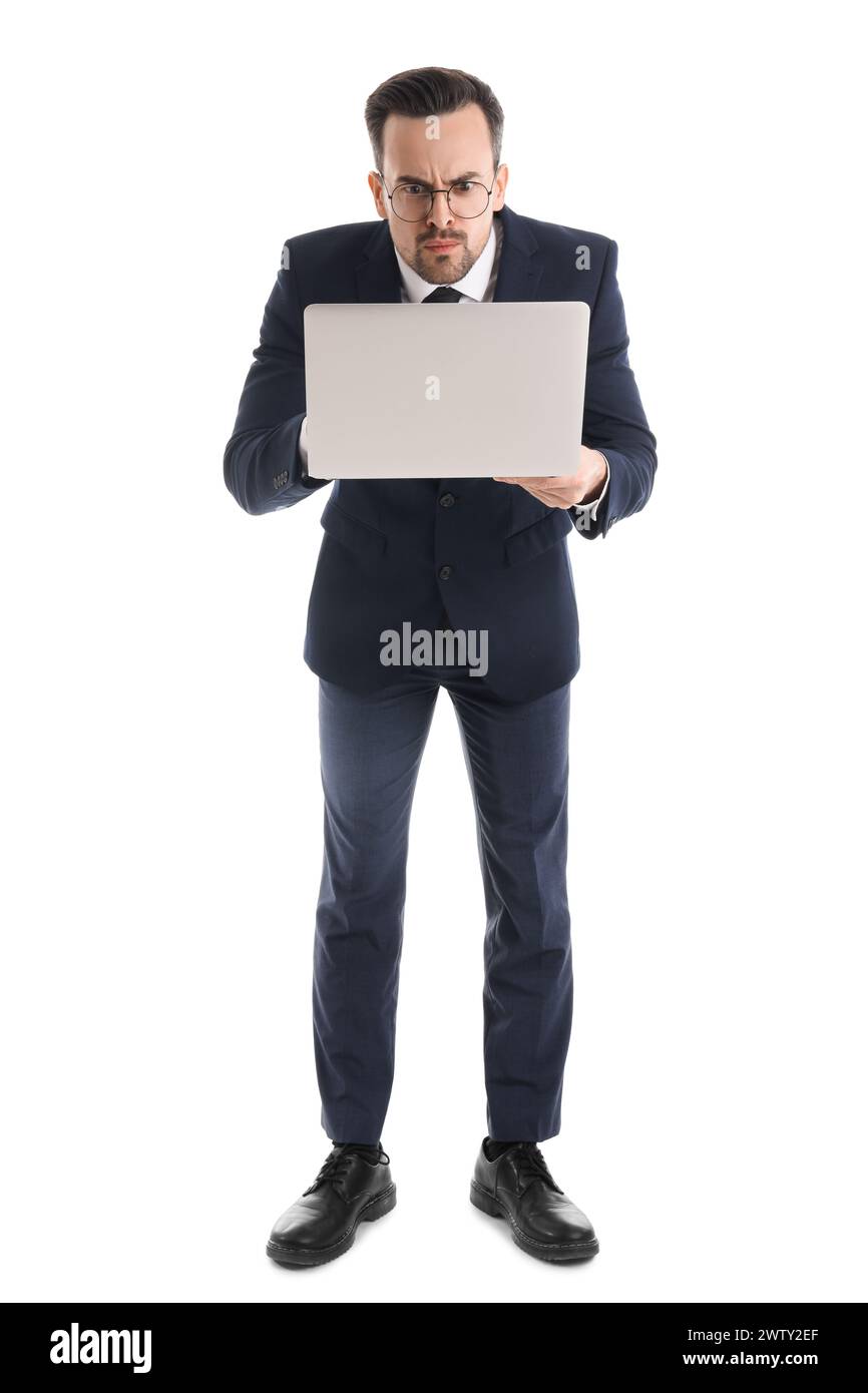 Funny businessman with laptop isolated on white background Stock Photo