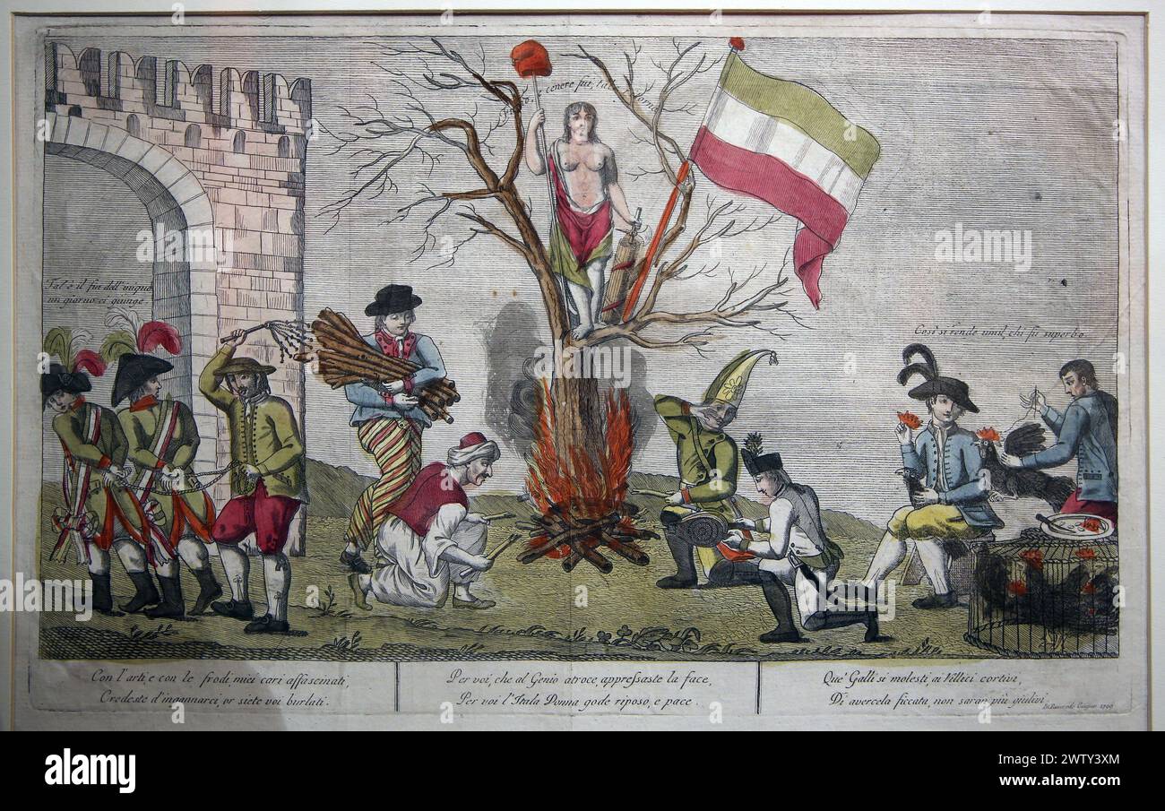 Allegories against French occupation. Italy decedived by republican ideals. Engraving, 1799 Stock Photo