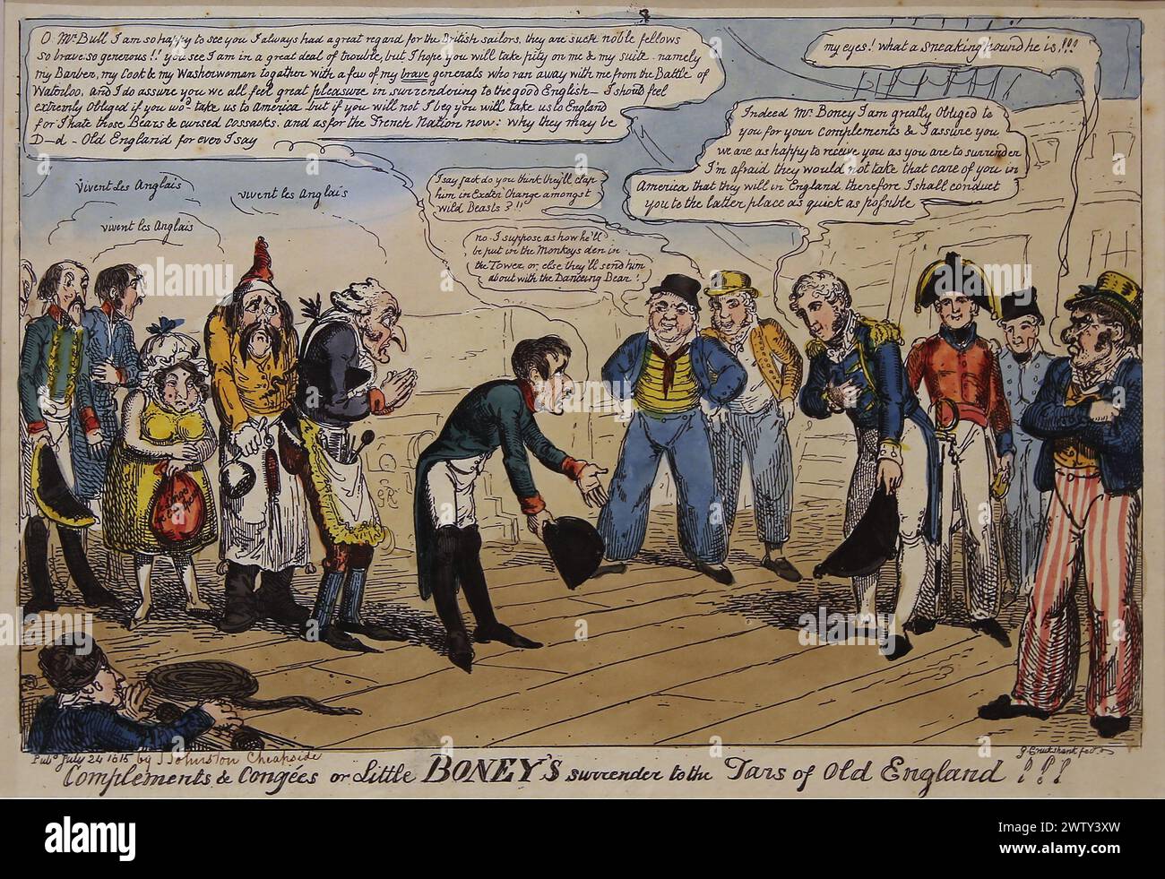English comic strips also decredit their opponent (the Napoleonic France). The surrender of Napoleon. Engraving, 1815. Stock Photo