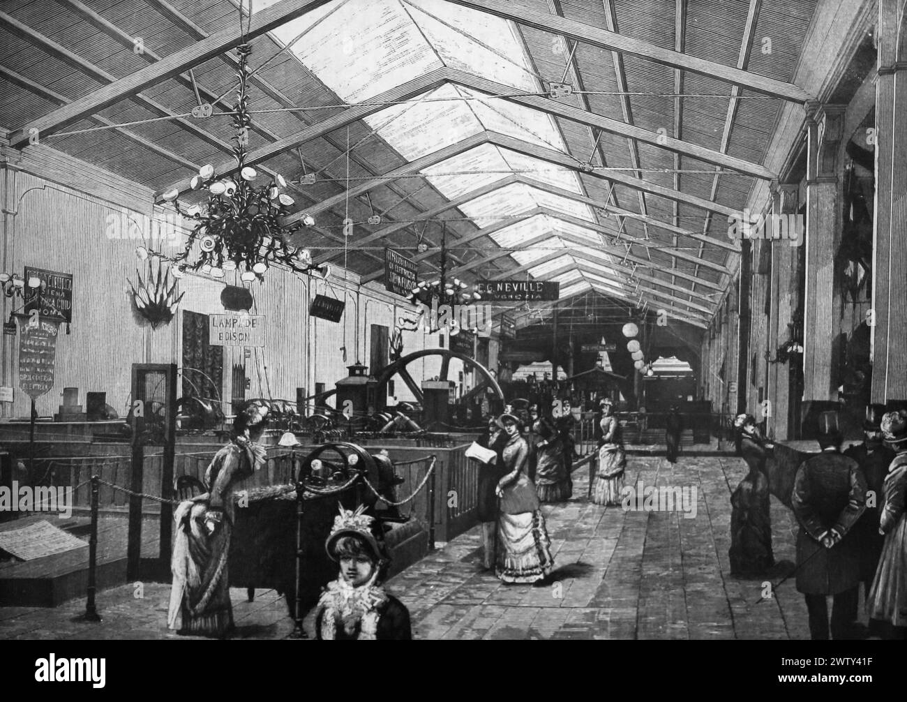 Kingdom of Italy. Expositions, technology, innovation. Electricity gallery at the exposition of Turin, 1884. Italy. Of a photographic reproduction Stock Photo