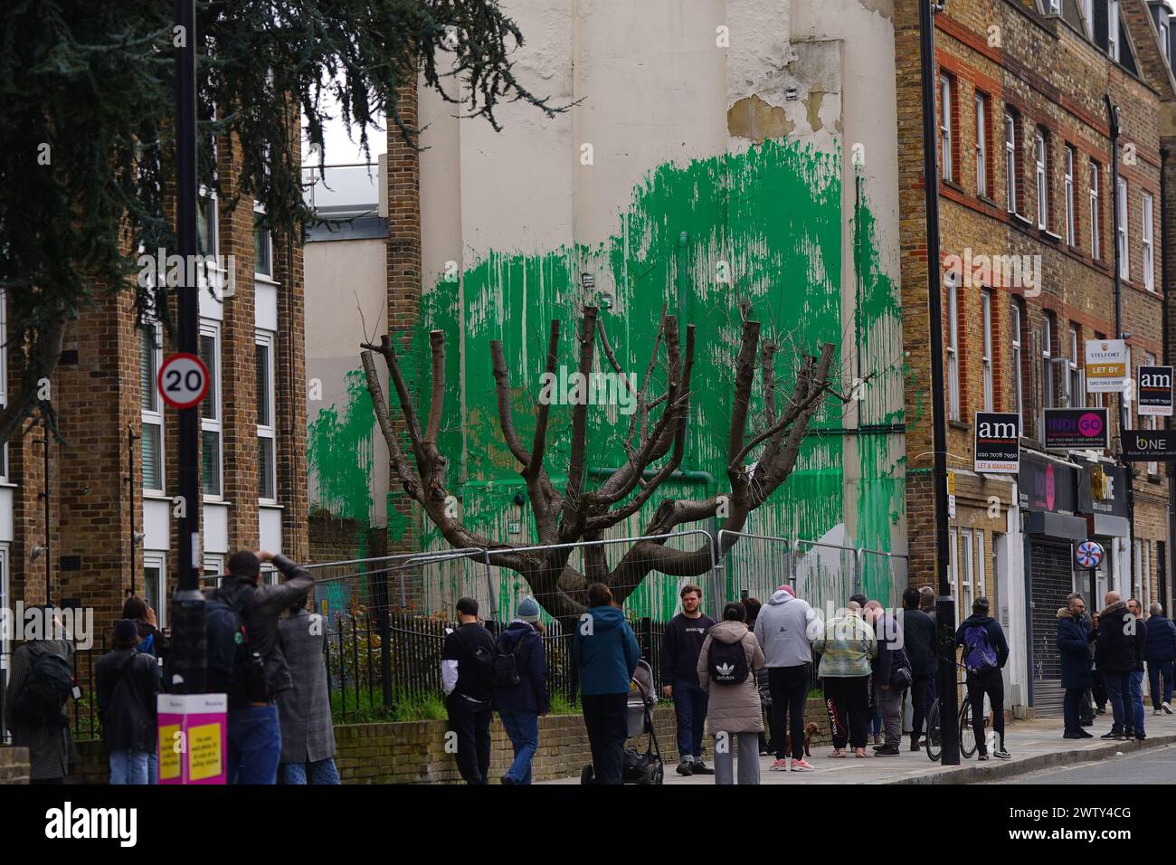 People looking at Banksy artwork which has been defaced with white paint after it appeared over the weekend on the side of a residential building on Hornsey Road in Finsbury Park, London. Bright green paint has been sprayed on the building, in front of a cut-back tree, creating the impression of being its foliage. A stencil of a person holding a pressure hose has been sketched onto the building as well. The vivid paint colour matches that used by Islington Council for street signs in the area. Picture date: Wednesday March 20, 2024. Stock Photo