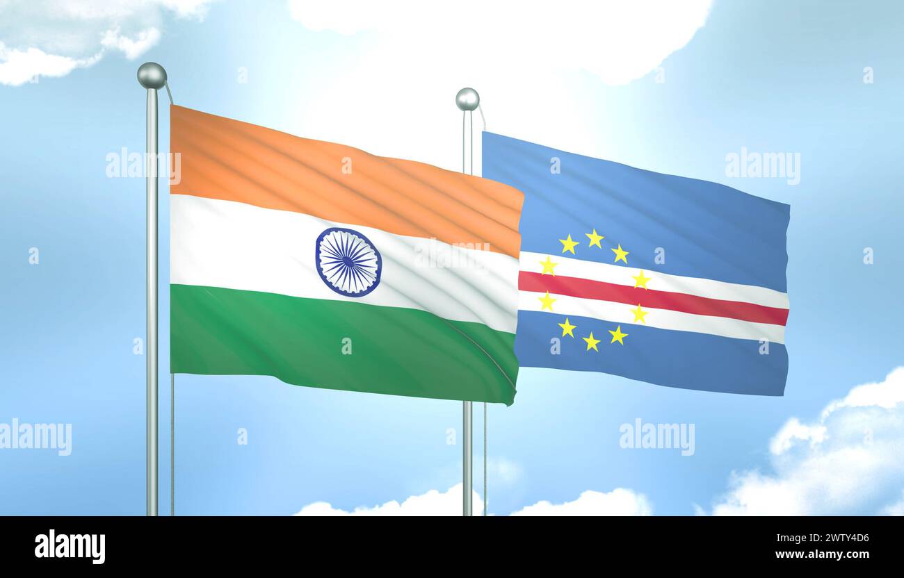 3D Flag of India and Cape Verde on Blue Sky with Sun Shine Stock Photo