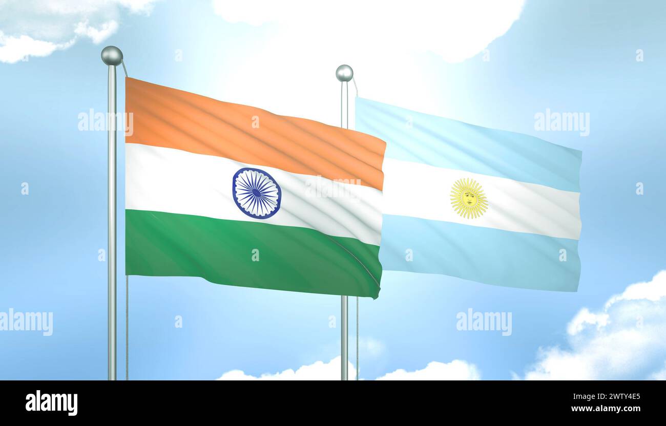 3D Flag of India and Argentina on Blue Sky with Sun Shine Stock Photo ...