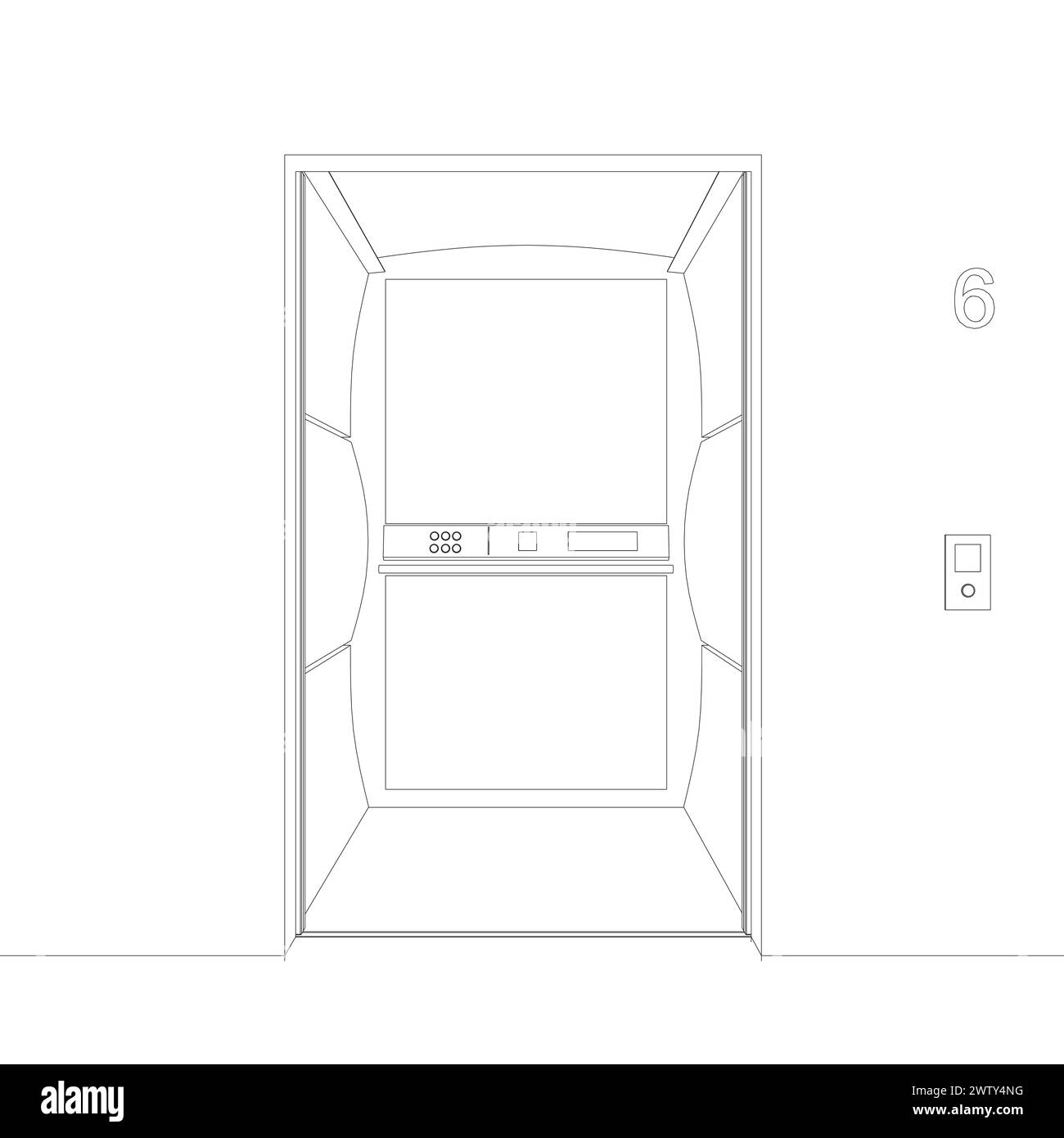 Open elevator contour interior isolated, vector Outline open elevator doors. Front view door vector illustration. Elevator Empty Open Door Stock Vector