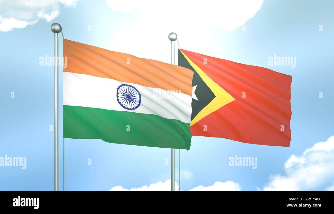 3D Flag of India and East Timor Leste on Blue Sky with Sun Shine Stock Photo