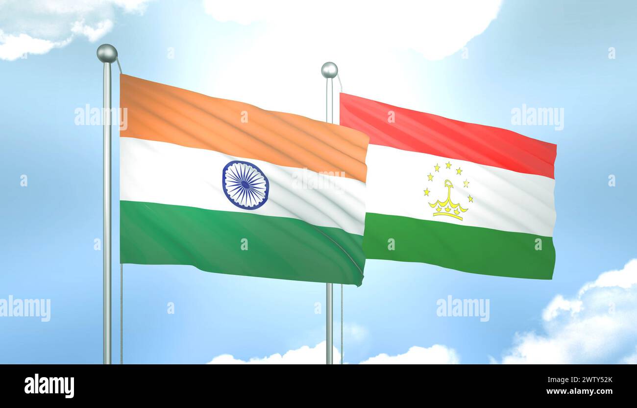 3D Flag of India and Tajikistan on Blue Sky with Sun Shine Stock Photo