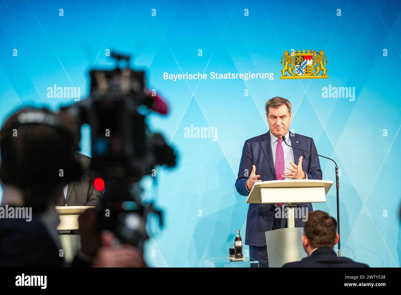 Munich, Bavaria, Germany - 20 March 2024: Prime Minister of Bavaria Dr. Markus Söder CSU holds a press conference in Munich on the introduction of the Bavarian payment card for asylum seekers *** Ministerpräsident von Bayern Dr. Markus Söder CSU hält eine Pressekonferenz in München zur Einführung der bayerischen Bezahlkarte für Asylbewerber Stock Photo