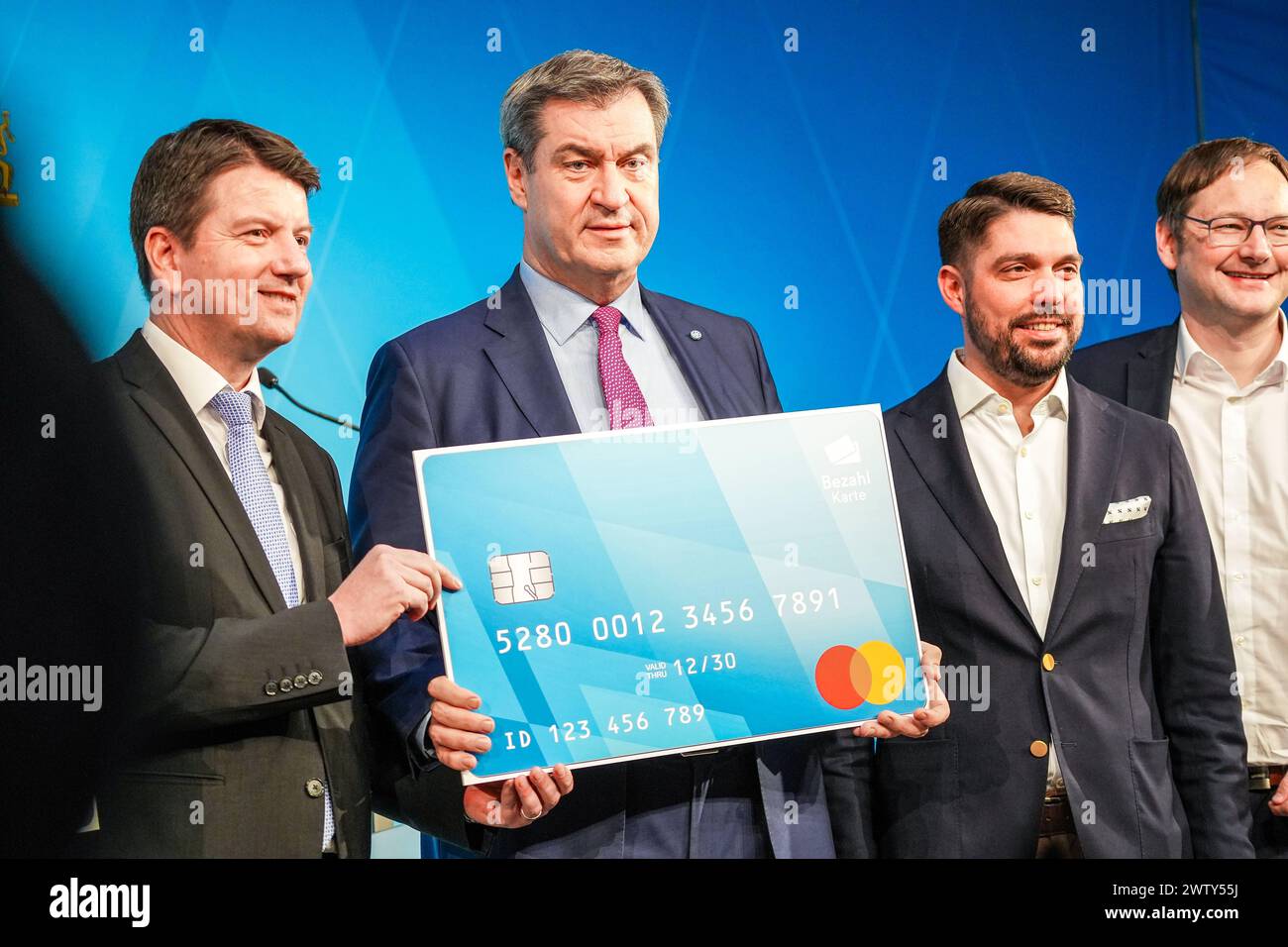 Munich, Bavaria, Germany - 20 March 2024: Prime Minister of Bavaria Dr. Markus Söder CSU presents the Bavarian payment card for asylum seekers at a press conference in Munich *** Ministerpräsident von Bayern Dr. Markus Söder CSU präsentier auf einer Pressekonferenz in München die bayerische Bezahlkarte für Asylbewerber Stock Photo