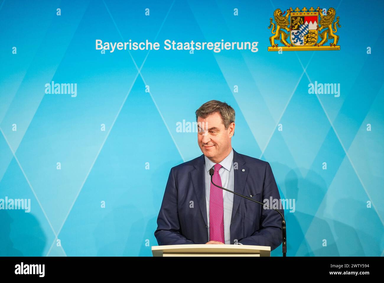 Munich, Bavaria, Germany - 20 March 2024: Prime Minister of Bavaria Dr. Markus Söder CSU holds a press conference in Munich on the introduction of the Bavarian payment card for asylum seekers *** Ministerpräsident von Bayern Dr. Markus Söder CSU hält eine Pressekonferenz in München zur Einführung der bayerischen Bezahlkarte für Asylbewerber Stock Photo