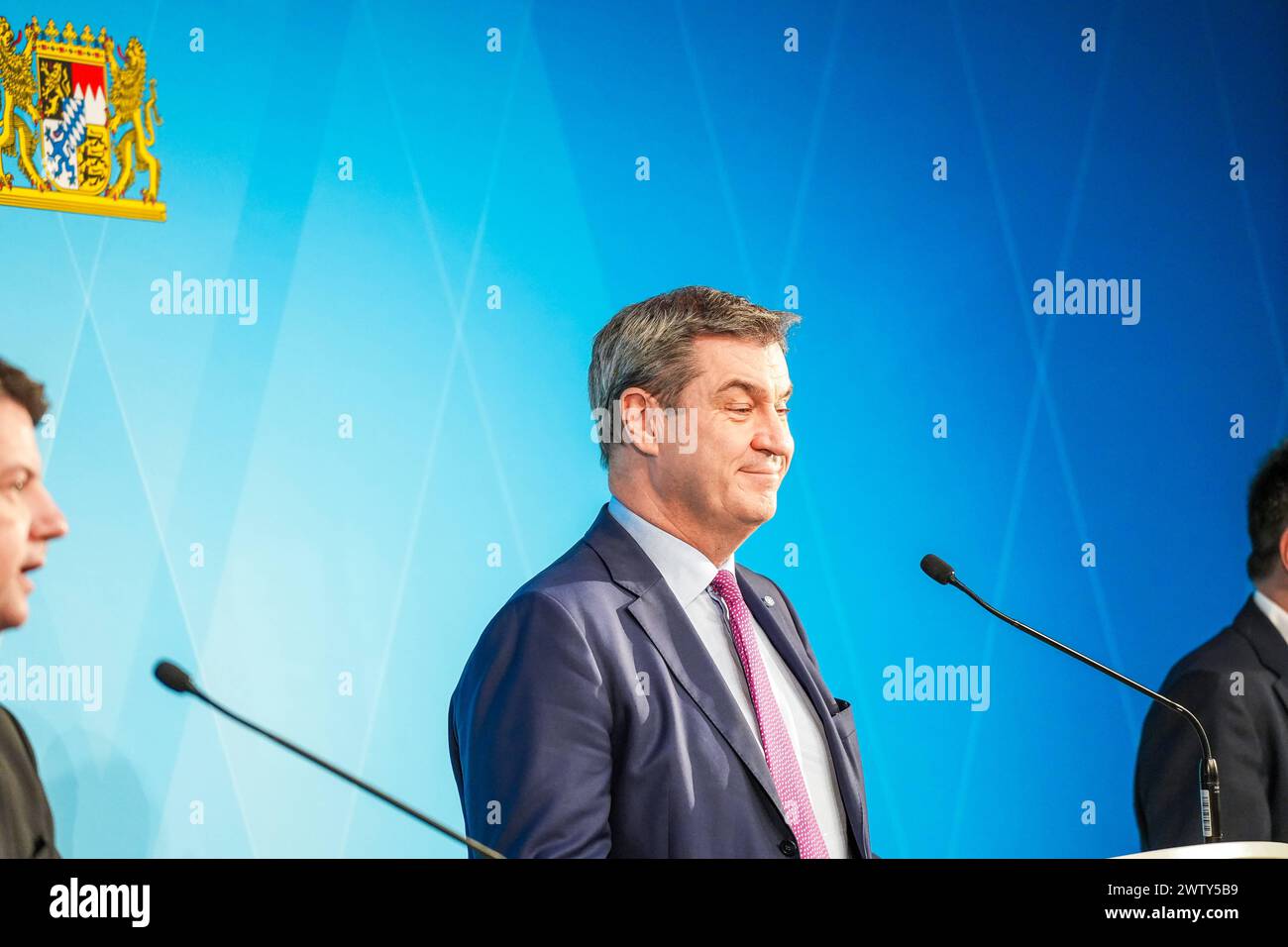 Munich, Bavaria, Germany - 20 March 2024: Prime Minister of Bavaria Dr. Markus Söder CSU holds a press conference in Munich on the introduction of the Bavarian payment card for asylum seekers *** Ministerpräsident von Bayern Dr. Markus Söder CSU hält eine Pressekonferenz in München zur Einführung der bayerischen Bezahlkarte für Asylbewerber Stock Photo