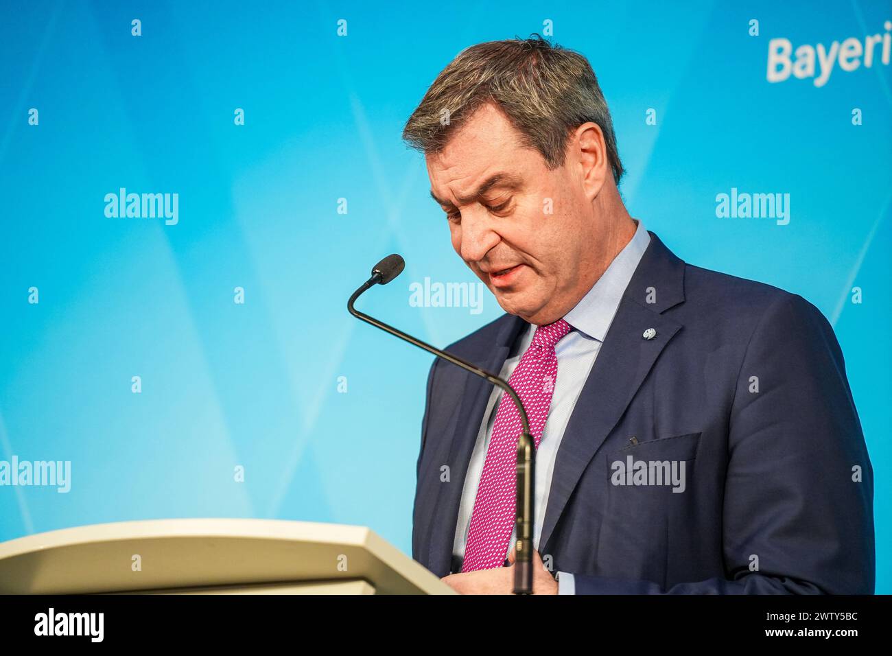 Munich, Bavaria, Germany - 20 March 2024: Prime Minister of Bavaria Dr. Markus Söder CSU holds a press conference in Munich on the introduction of the Bavarian payment card for asylum seekers *** Ministerpräsident von Bayern Dr. Markus Söder CSU hält eine Pressekonferenz in München zur Einführung der bayerischen Bezahlkarte für Asylbewerber Stock Photo