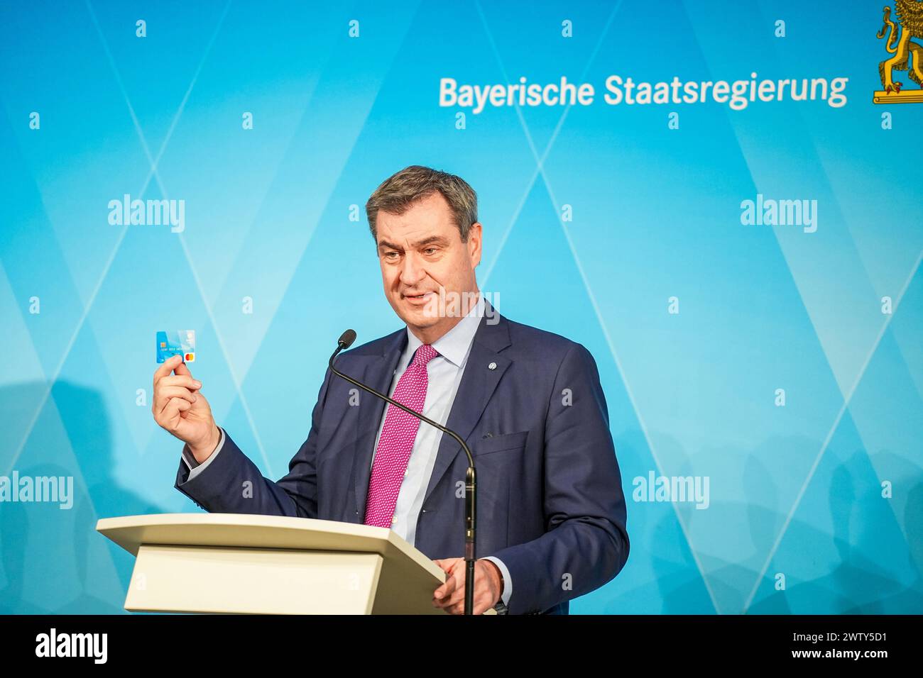 Munich, Bavaria, Germany - 20 March 2024: Prime Minister of Bavaria Dr. Markus Söder CSU holds a press conference in Munich on the introduction of the Bavarian payment card for asylum seekers *** Ministerpräsident von Bayern Dr. Markus Söder CSU hält eine Pressekonferenz in München zur Einführung der bayerischen Bezahlkarte für Asylbewerber Stock Photo