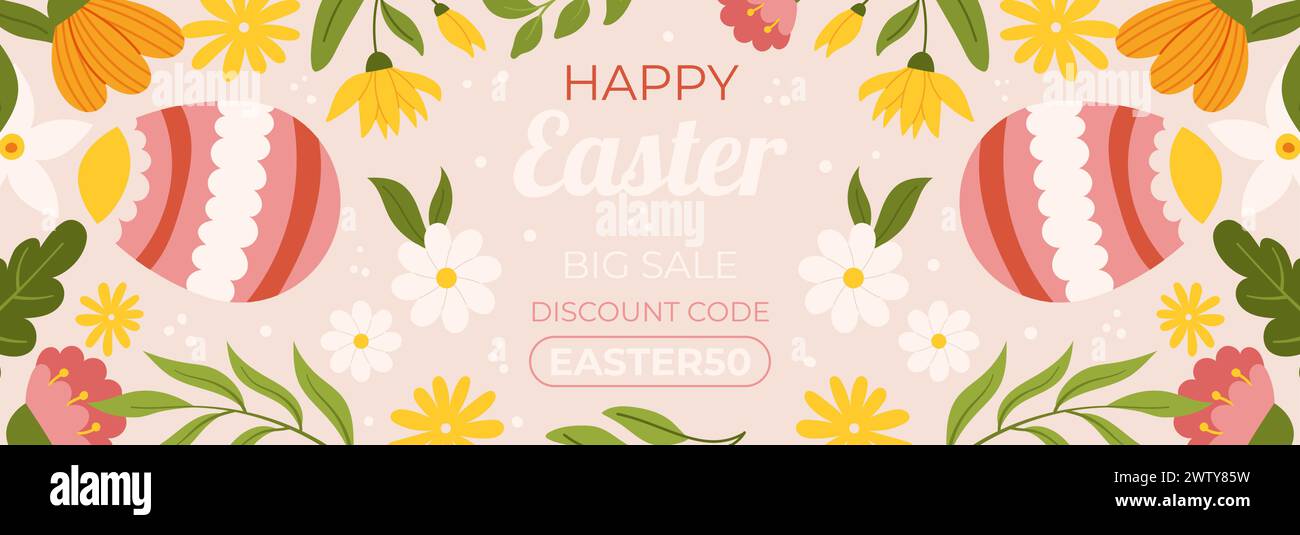 Easter sale horizontal banner template for promotion. Design with two painted eggs, floral elements, symmetrical composition. Hand drawn flat vector i Stock Vector