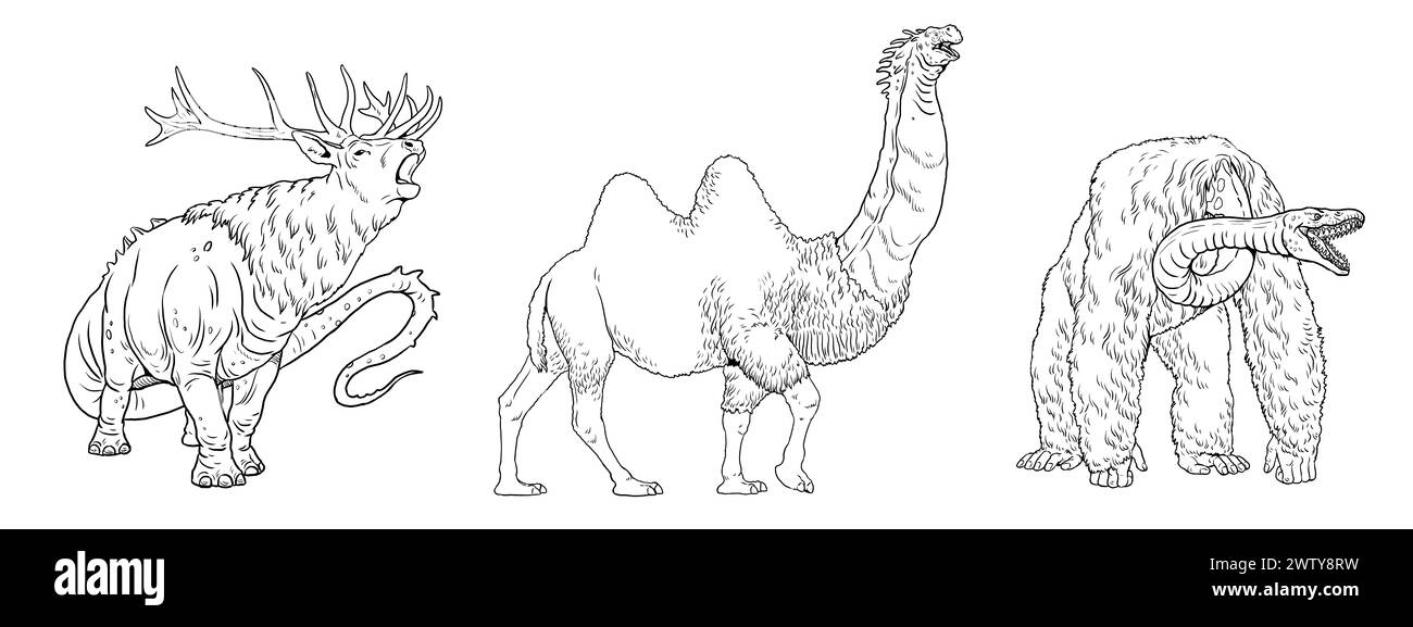 Coloring page with the animals mutants. Coloring book with fantasy creatures. Stock Photo