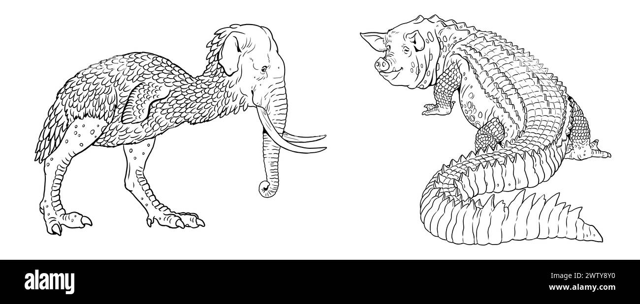 Coloring page with the animals mutants. Coloring book with fantasy creatures. Stock Photo