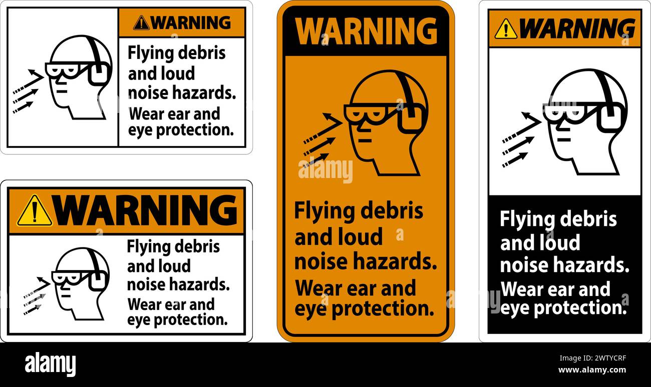 A warning sign depicting the necessity of wearing ear and eye protection due to flying debris and loud noise hazards. Stock Vector