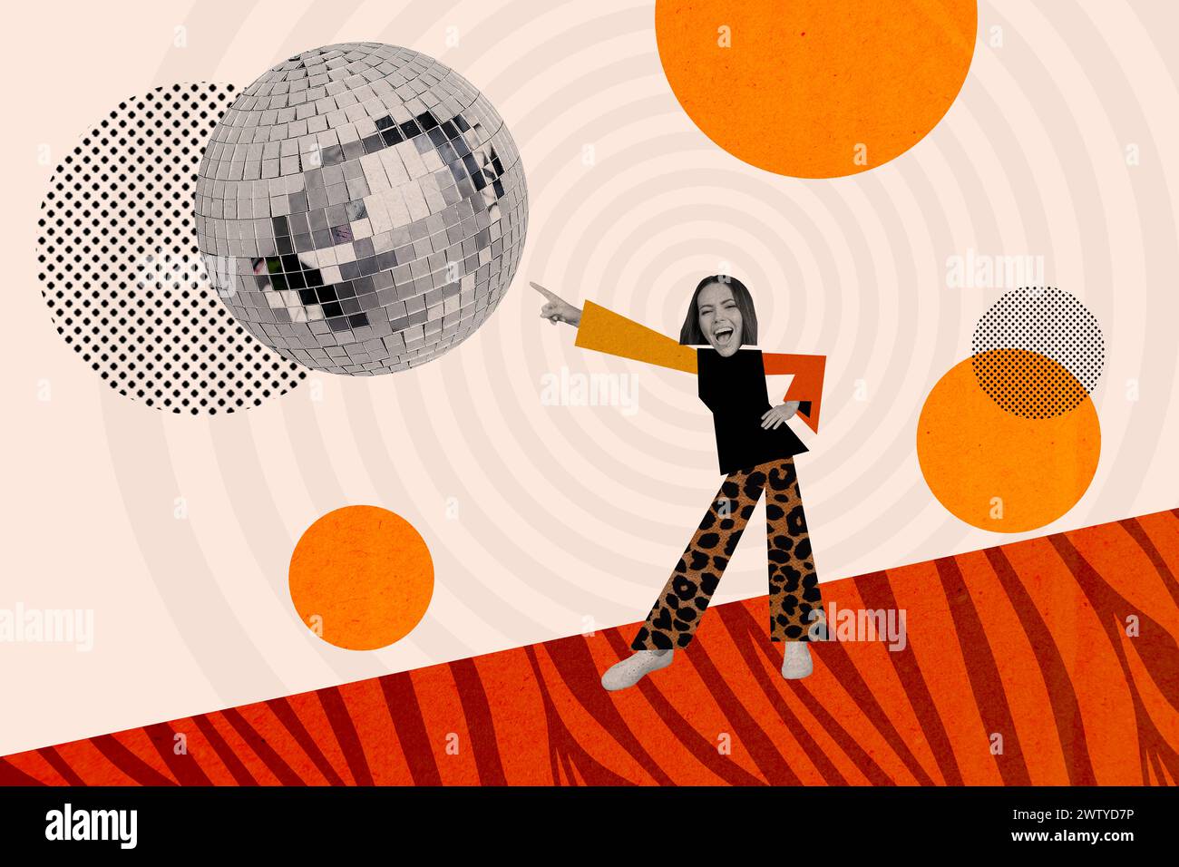 Disco Finger Point Animation Collage picture of astonished positive black white colors girl point ...