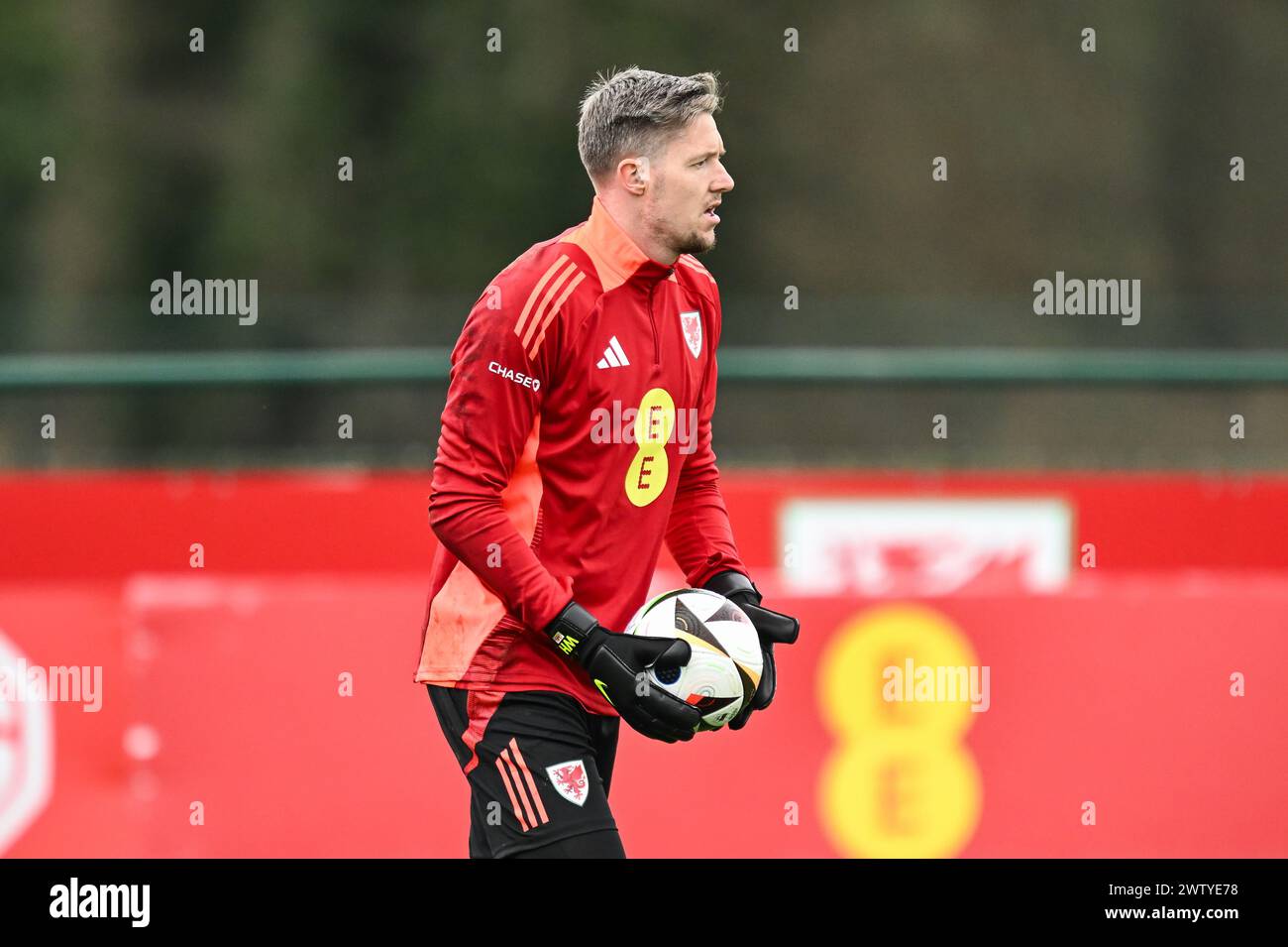 Wayne Hennessey of Wales during warms up ahead of the Wales open training session at Vale Resort Training complex, Hensol, United Kingdom, 20th March 2024  (Photo by Craig Thomas/News Images) Stock Photo
