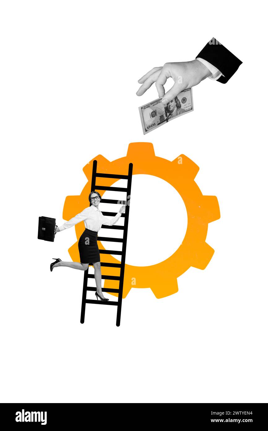 Vertical collage young businesswoman ladder cogwheel up climb cash ...