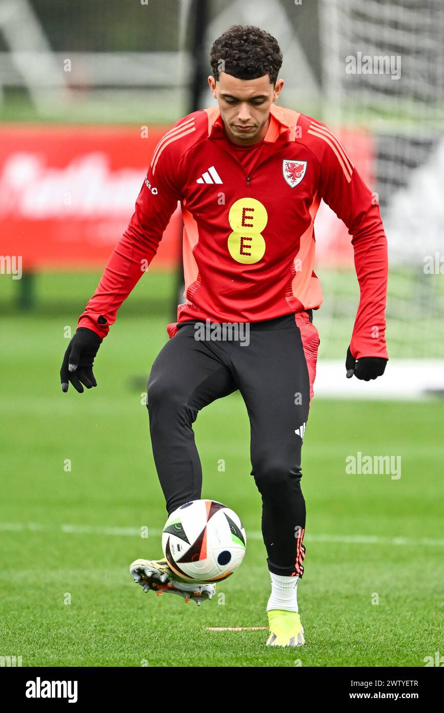Brennan Johnson of Wales during the Wales open training session at Vale Resort Training complex, Hensol, United Kingdom, 20th March 2024  (Photo by Craig Thomas/News Images) Stock Photo