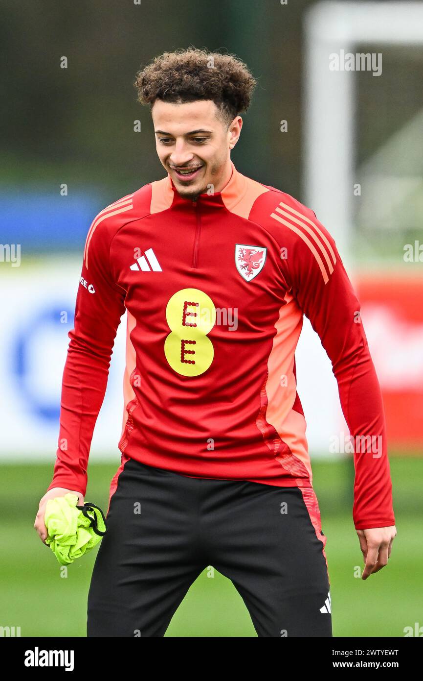 Ethan Ampadu of Wales during the Wales open training session at Vale Resort Training complex, Hensol, United Kingdom, 20th March 2024  (Photo by Craig Thomas/News Images) Stock Photo