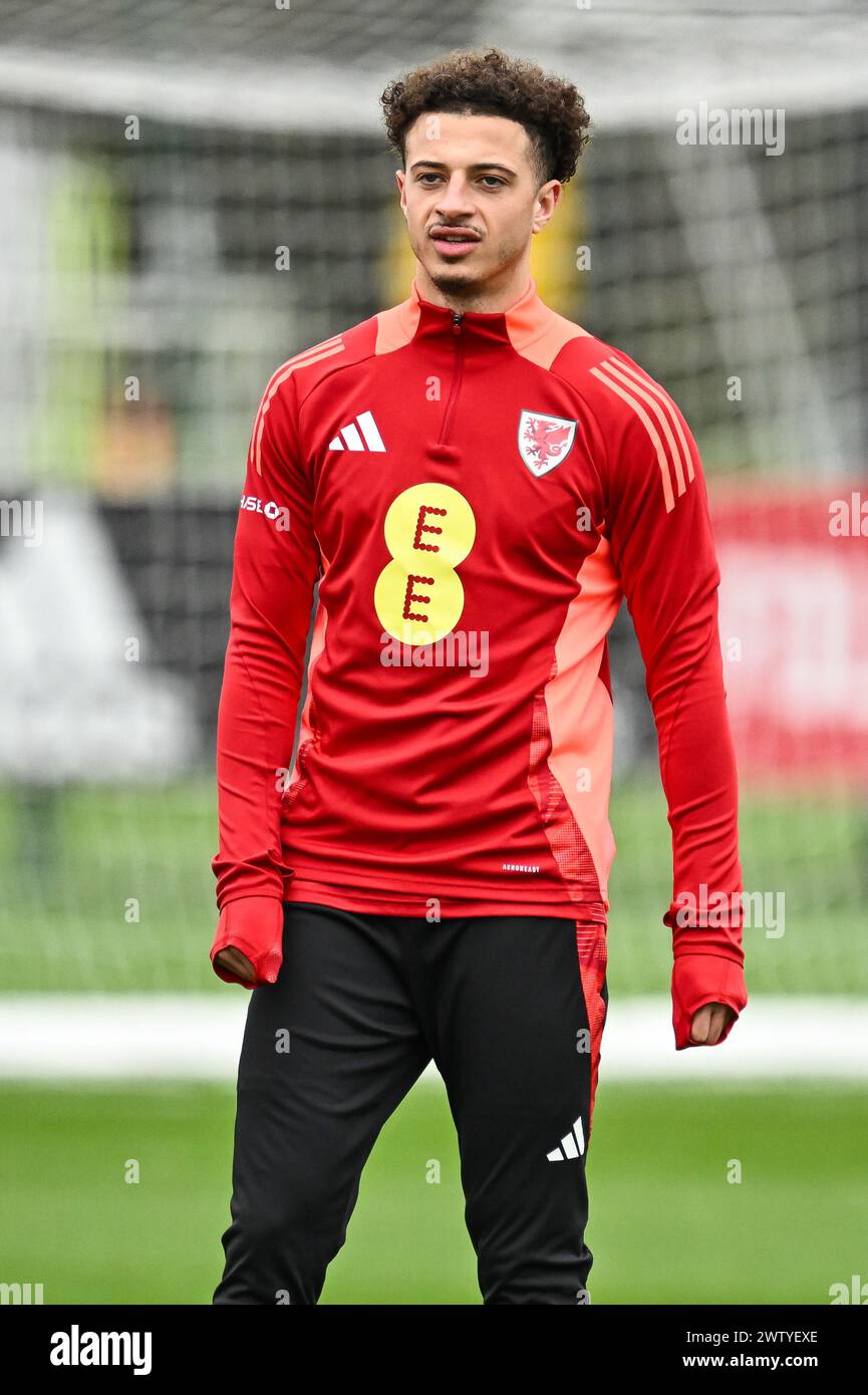 Ethan Ampadu  of Wales during warms up ahead of the Wales open training session at Vale Resort Training complex, Hensol, United Kingdom, 20th March 2024  (Photo by Craig Thomas/News Images) Stock Photo