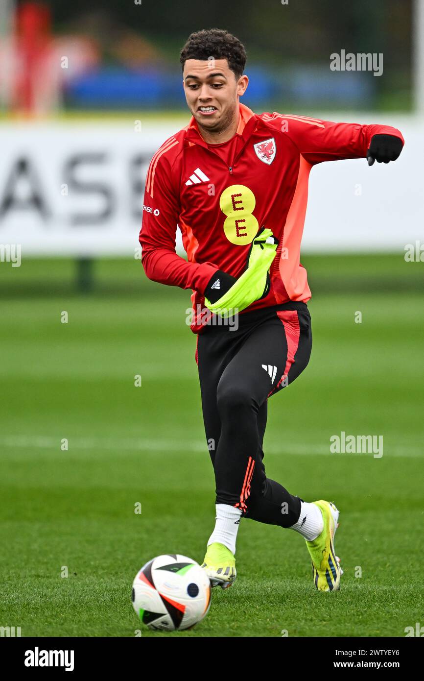Brennan Johnson of Wales in action during the Wales open training session at Vale Resort Training complex, Hensol, United Kingdom, 20th March 2024  (Photo by Craig Thomas/News Images) Stock Photo